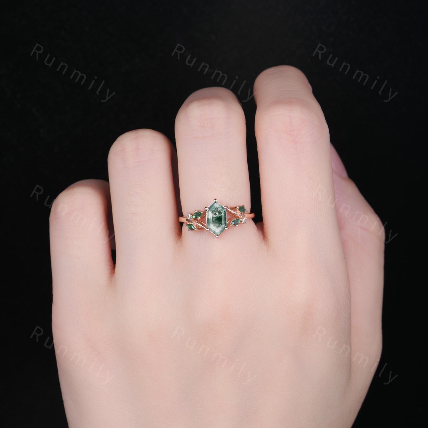 Hexagon cut moss agate engagement ring unique branch ring Art deco marquise emerald wedding ring nature inspired green agate promise ring