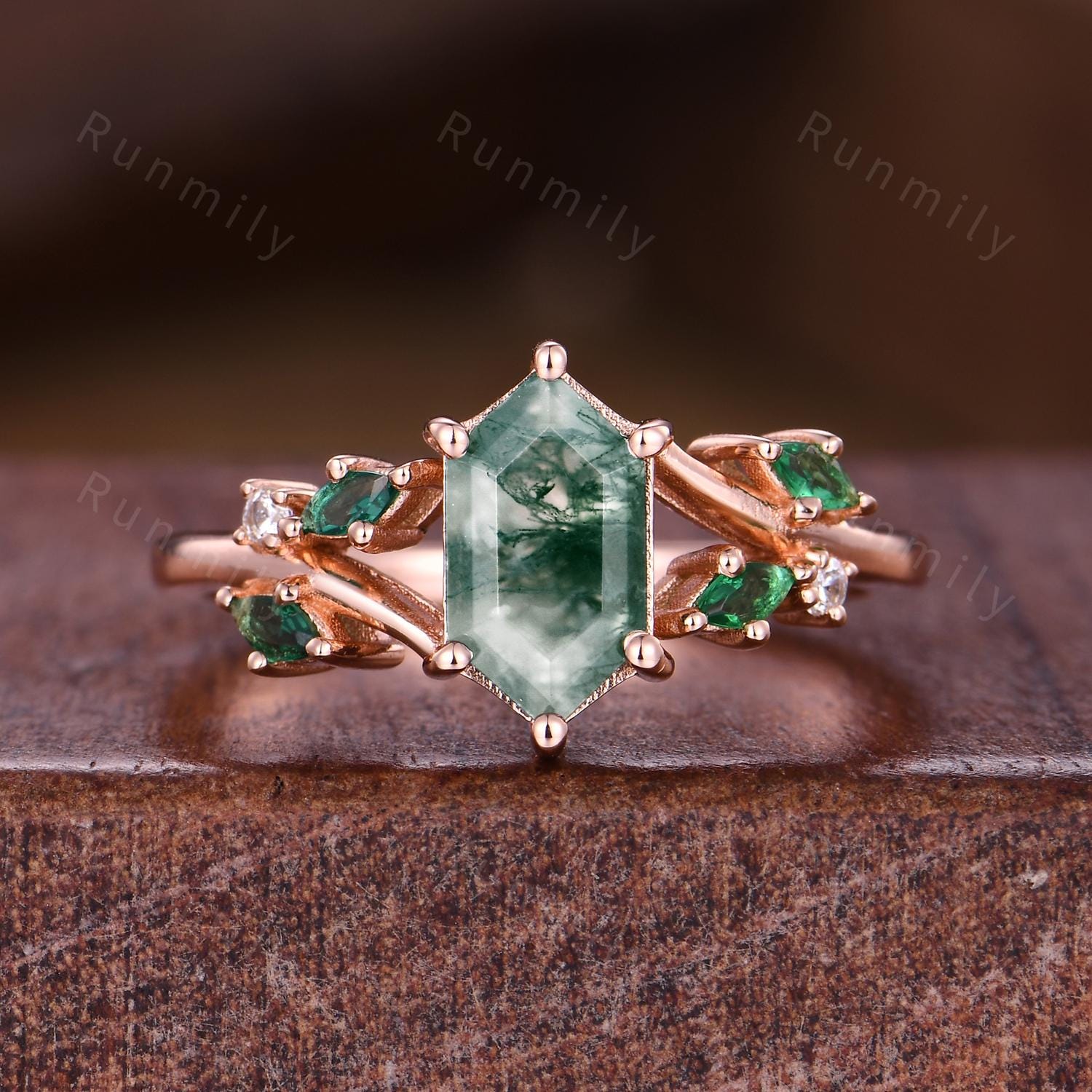Hexagon cut moss agate engagement ring unique branch ring Art deco marquise emerald wedding ring nature inspired green agate promise ring