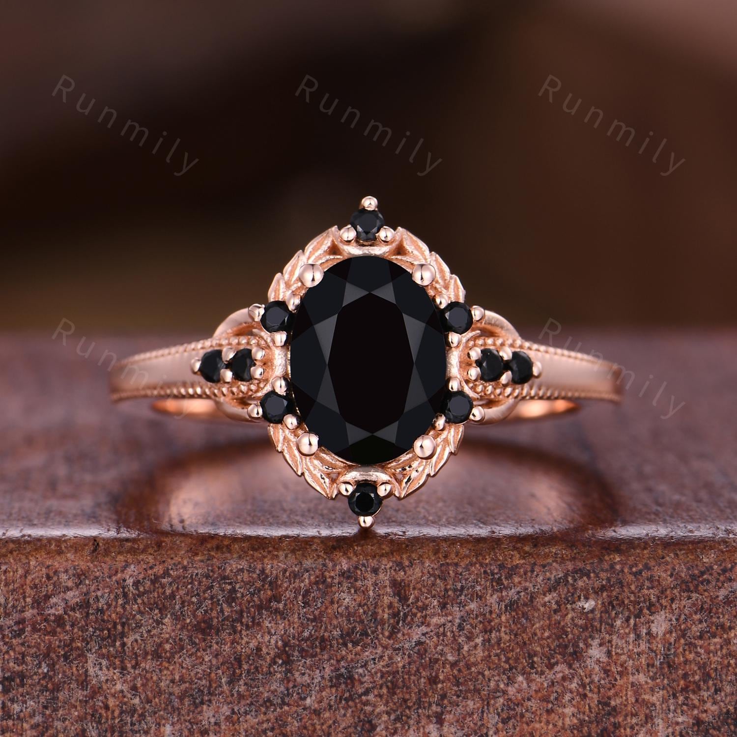 Antique Black Onyx Engagement Ring Rose Gold Oval Cut Ring For Women Vintage Black Spinel Ring Branch Leaf Bridal Promise Ring
