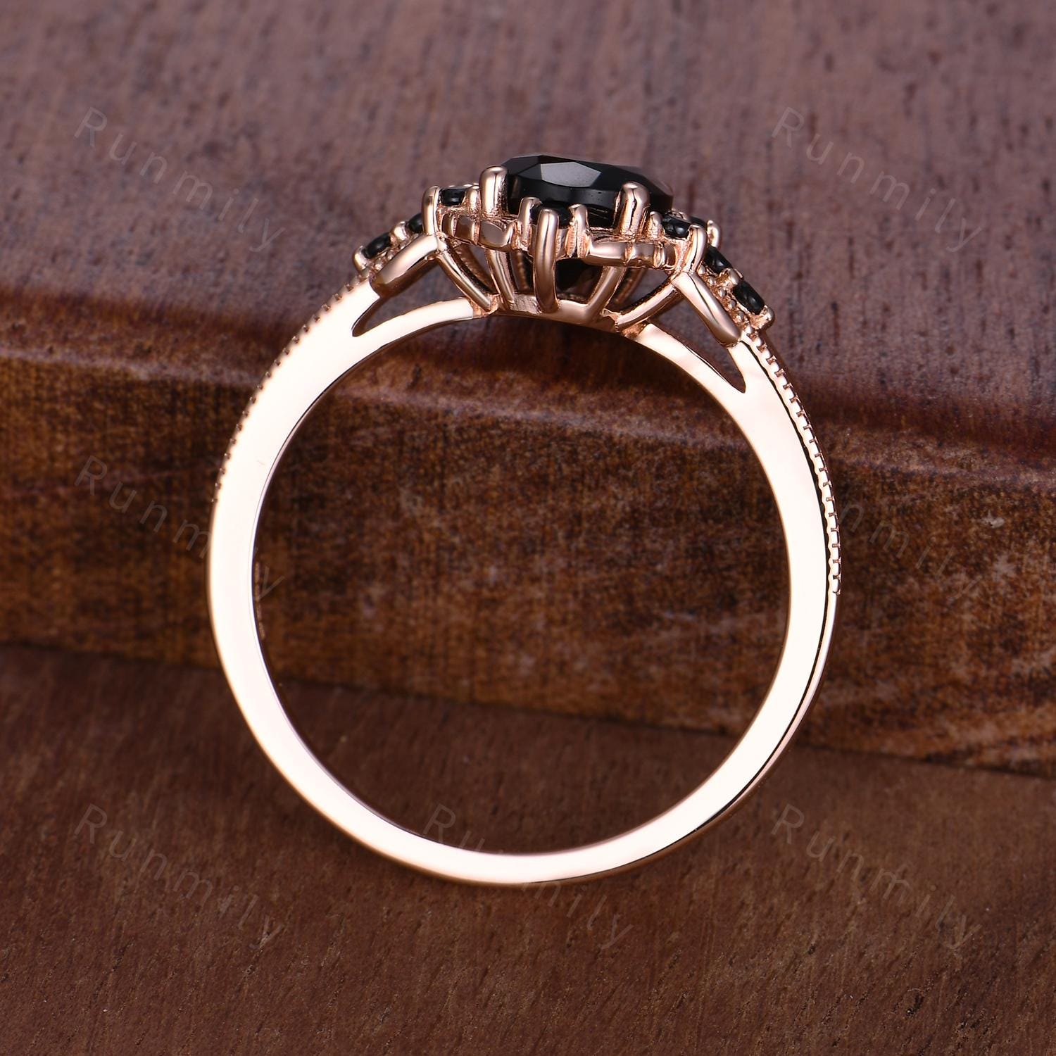 Antique Black Onyx Engagement Ring Rose Gold Oval Cut Ring For Women Vintage Black Spinel Ring Branch Leaf Bridal Promise Ring