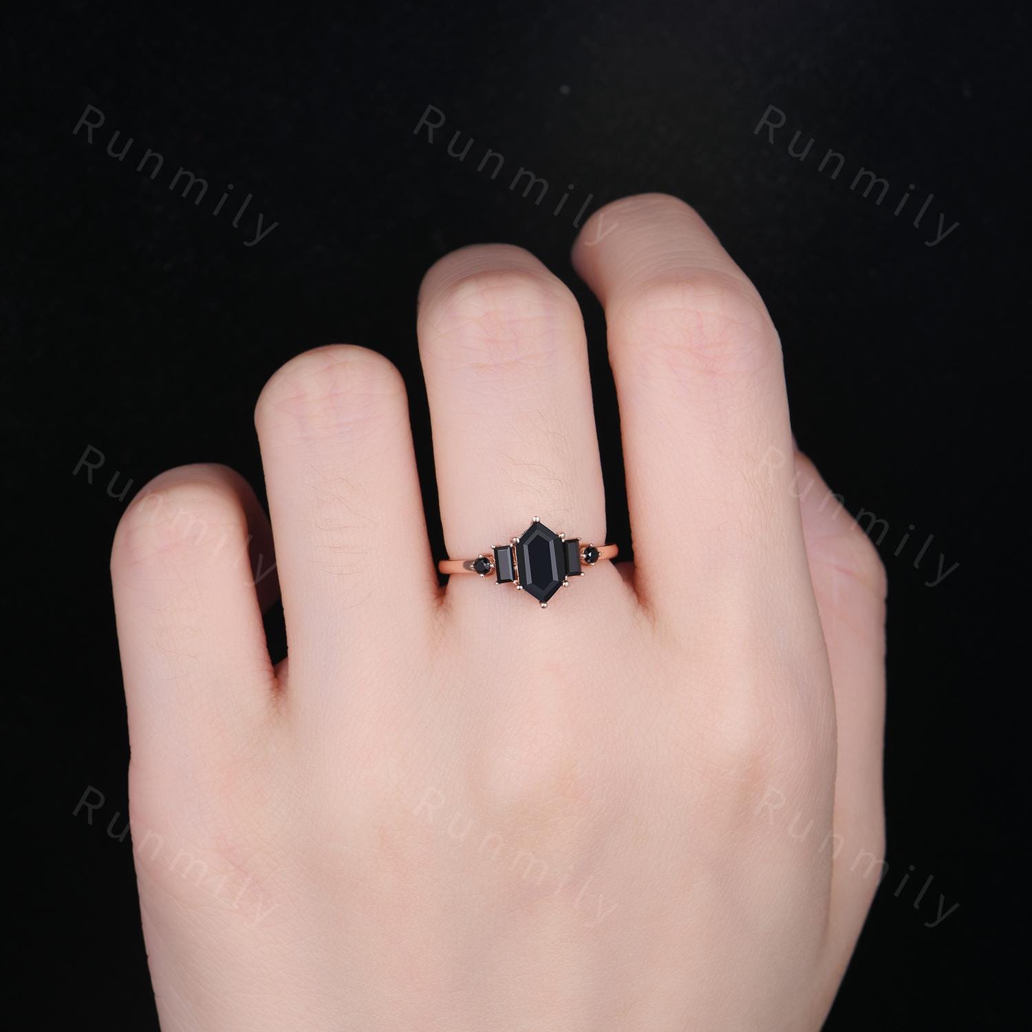 Vintage black onyx ring hexagon cut engagement ring for women five stone black gemstone ring rose gold baguette ring natural black stones