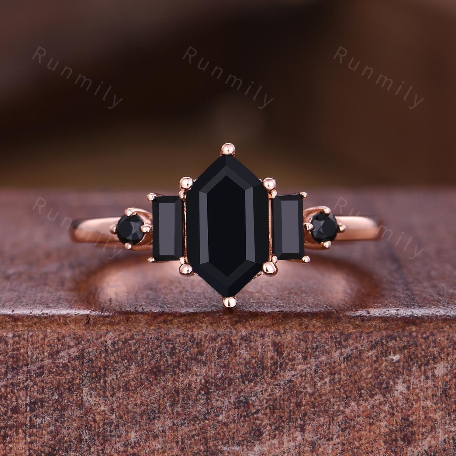 Vintage black onyx ring hexagon cut engagement ring for women five stone black gemstone ring rose gold baguette ring natural black stones