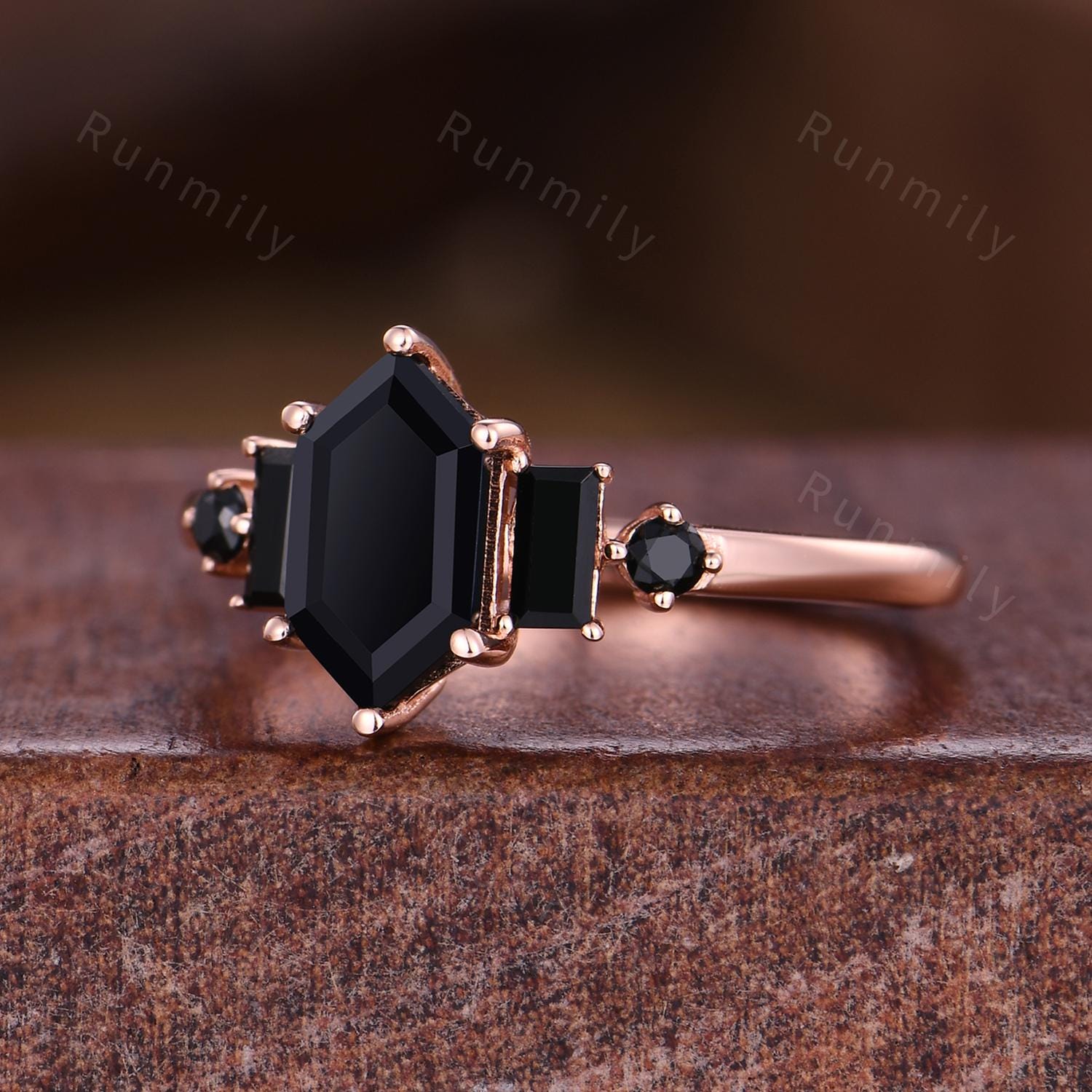 Vintage black onyx ring hexagon cut engagement ring for women five stone black gemstone ring rose gold baguette ring natural black stones