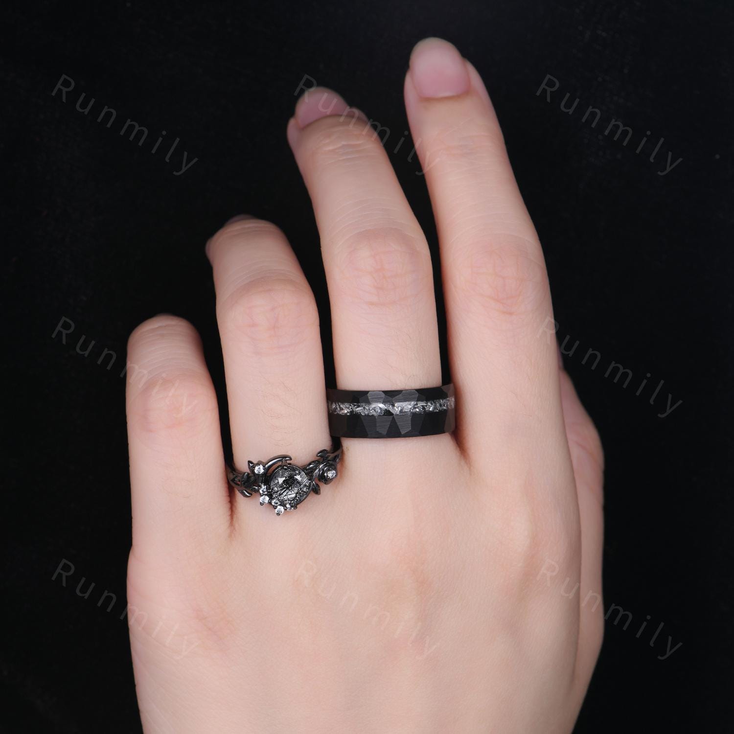 Crescent black rutilated quartz couples ring gothic black gold His and Hers wedding band Mens hammered band unique matching promise ring set