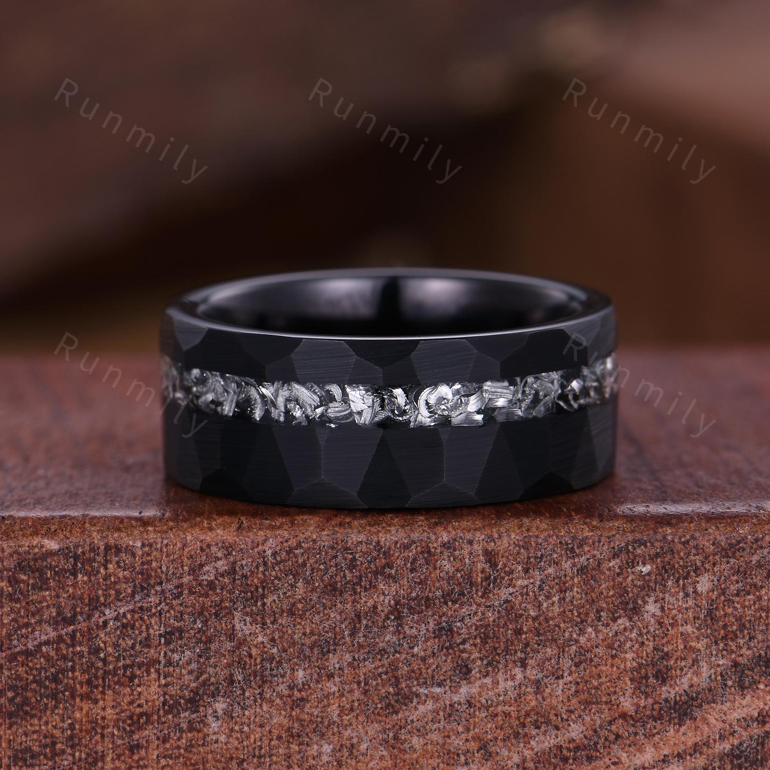 Gothic Black Rutilated Quartz Couple Ring Set Unique Black Rings His and Hers Matching Band Mens Tungsten Ring Branch Leaf Ring for Women