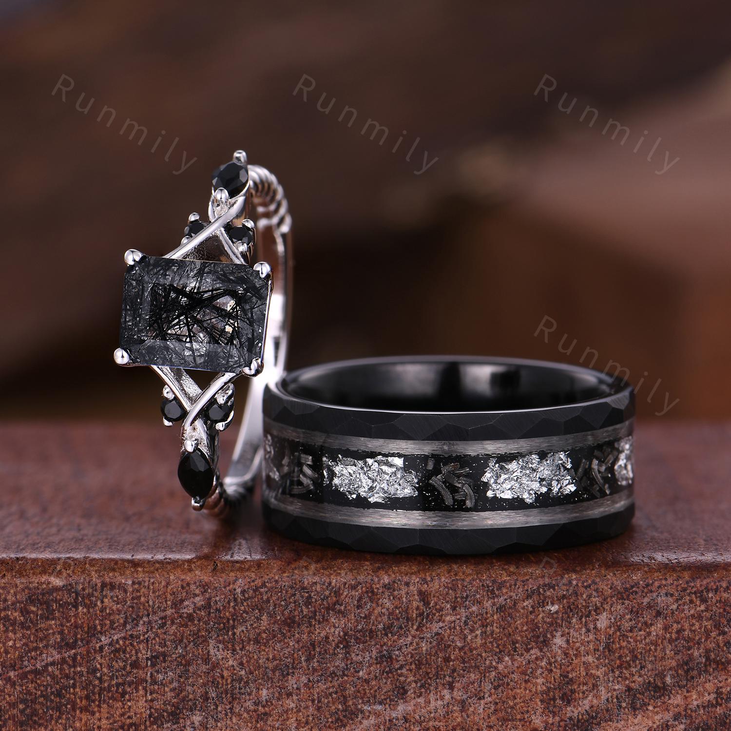 Black Rutilated Quartz & Meteorite Couples Ring Set- His and Hers Wedding Band- Silver and Tungsten Matching Unique Black Gems Promise Ring