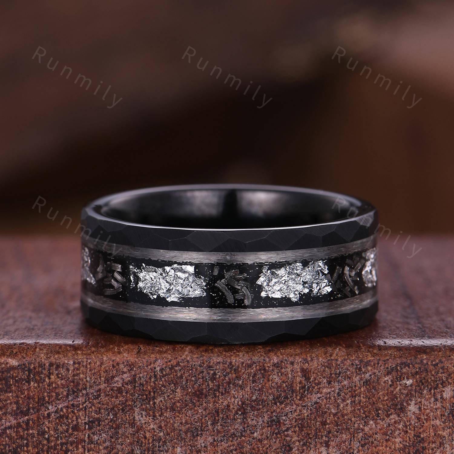 Black Rutilated Quartz & Meteorite Couples Ring Set- His and Hers Wedding Band- Silver and Tungsten Matching Unique Black Gems Promise Ring