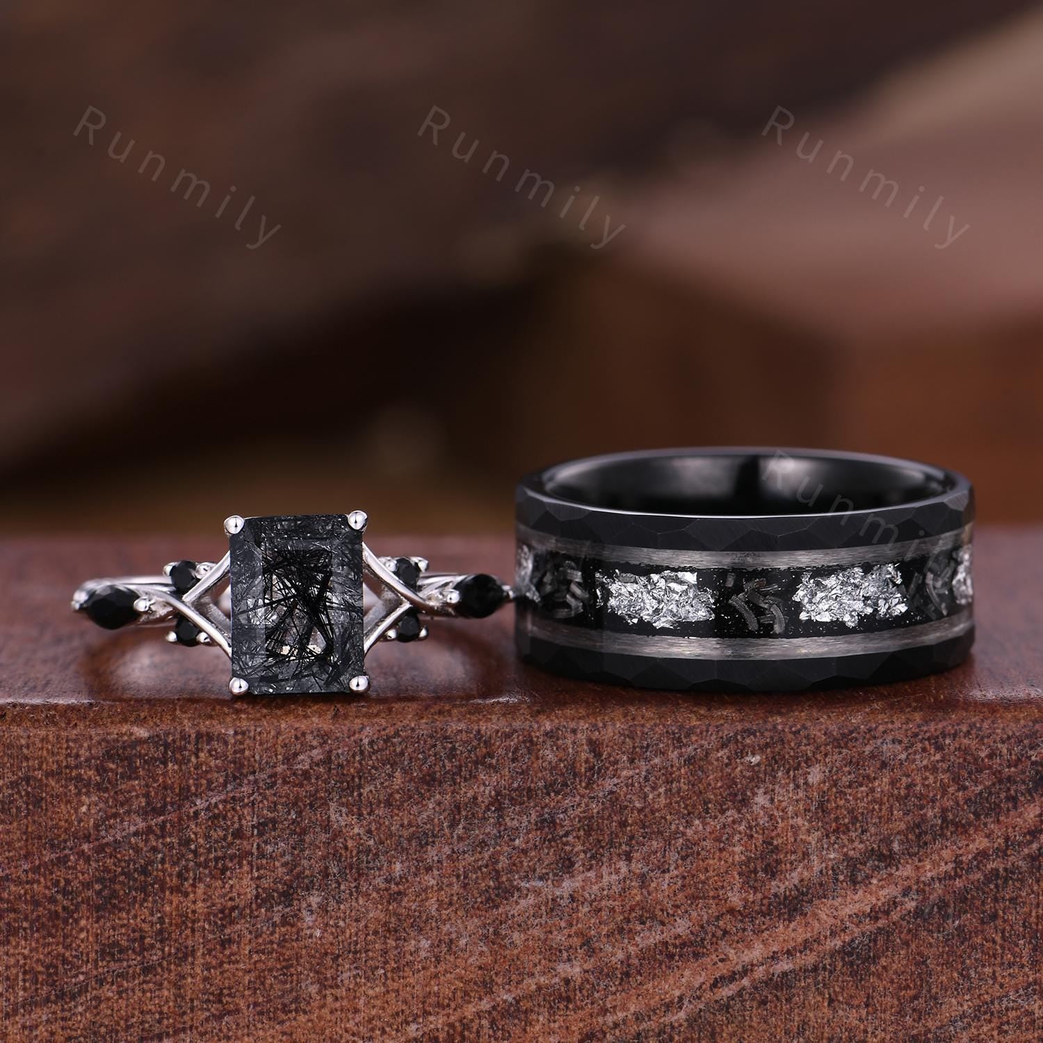 Black Rutilated Quartz & Meteorite Couples Ring Set- His and Hers Wedding Band- Silver and Tungsten Matching Unique Black Gems Promise Ring