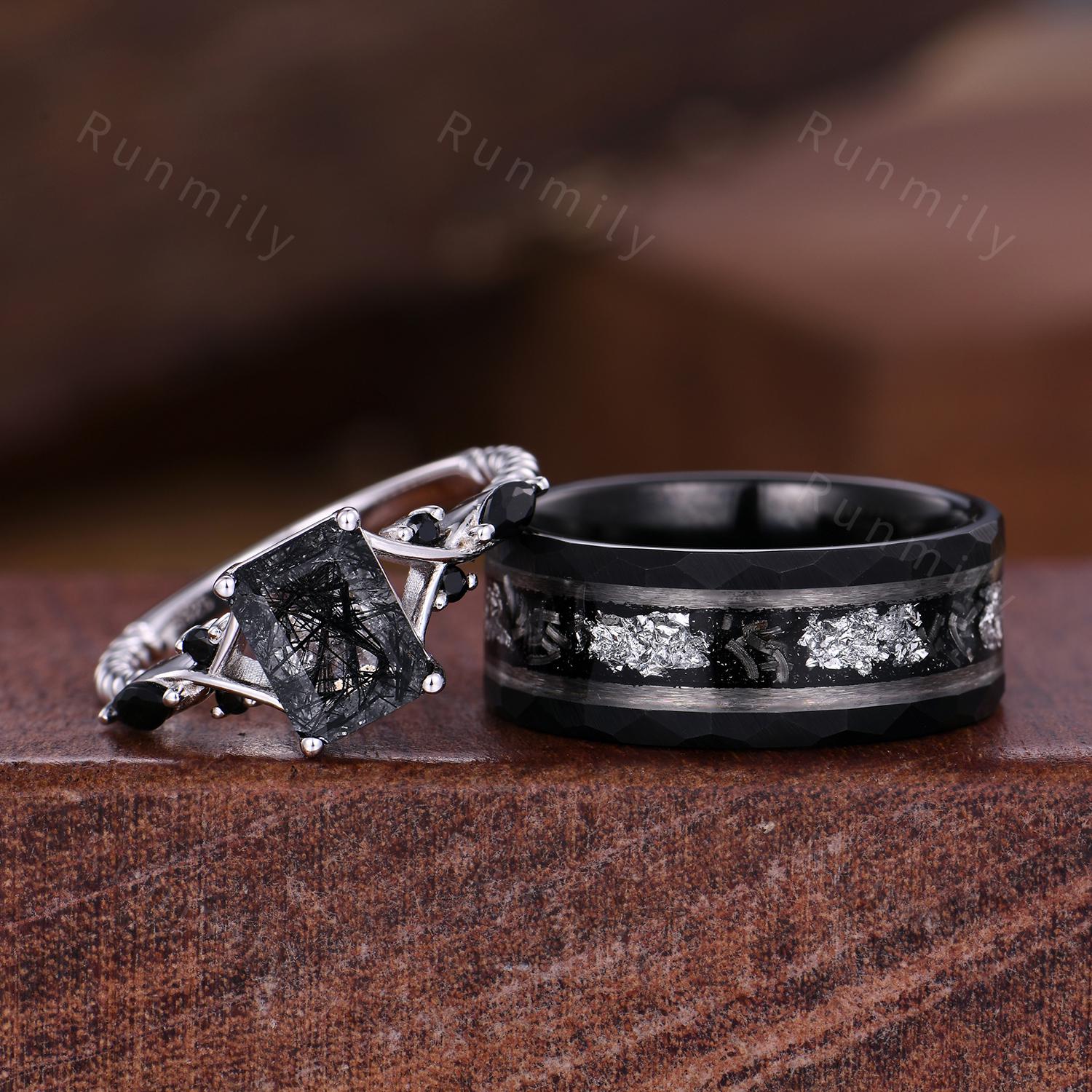Black Rutilated Quartz & Meteorite Couples Ring Set- His and Hers Wedding Band- Silver and Tungsten Matching Unique Black Gems Promise Ring