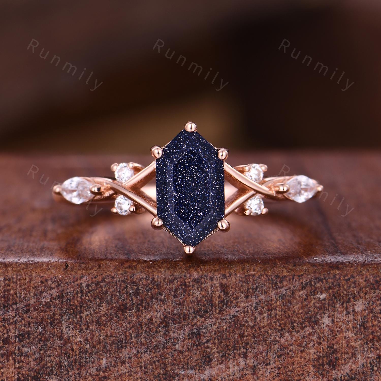 Hexagon cut Blue Sandstone Engagement ring set Vintage marquise diamond wedding band Rose gold Cluster stacking Bridal set Anniversary ring
