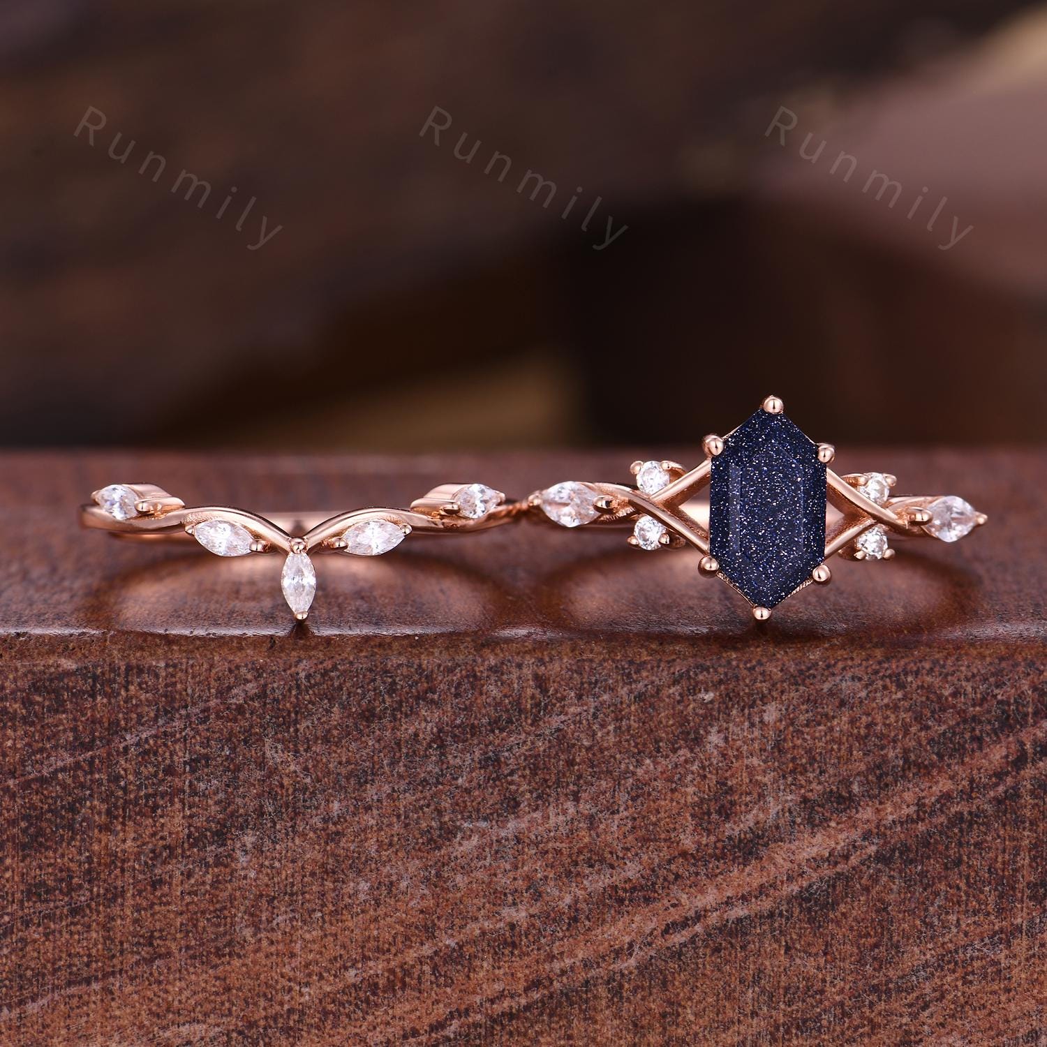 Hexagon cut Blue Sandstone Engagement ring set Vintage marquise diamond wedding band Rose gold Cluster stacking Bridal set Anniversary ring