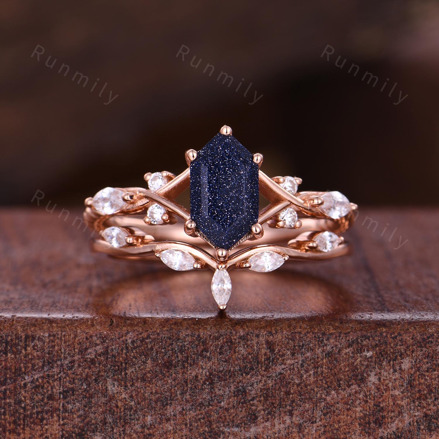 Hexagon cut Blue Sandstone Engagement ring set Vintage marquise diamond wedding band Rose gold Cluster stacking Bridal set Anniversary ring