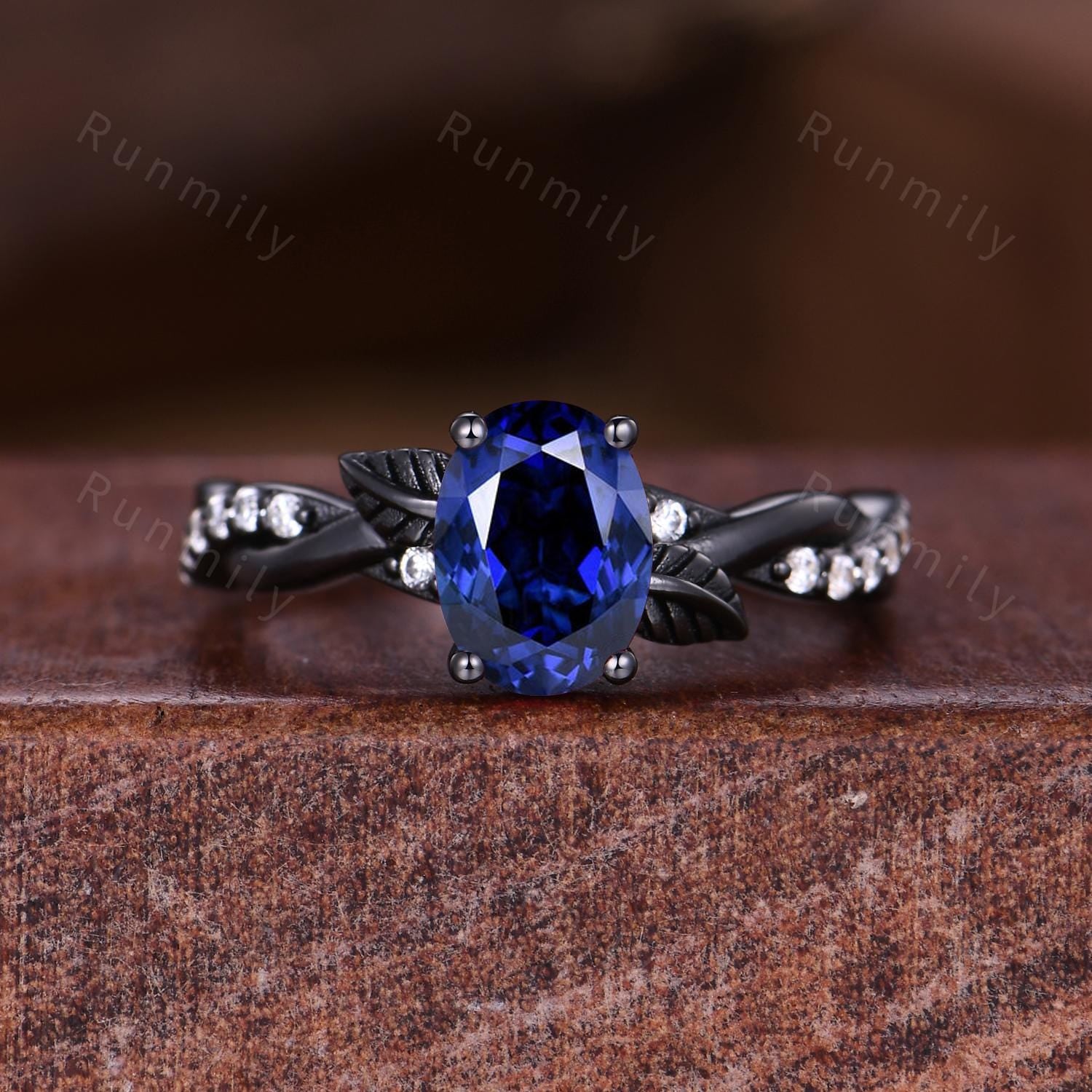 Oval Cut Blue Sapphire Couples Ring Gothic Black Gold Matching Ring Set His And Hers Wedding Band Orion Nebula Promise Ring Branch Ring