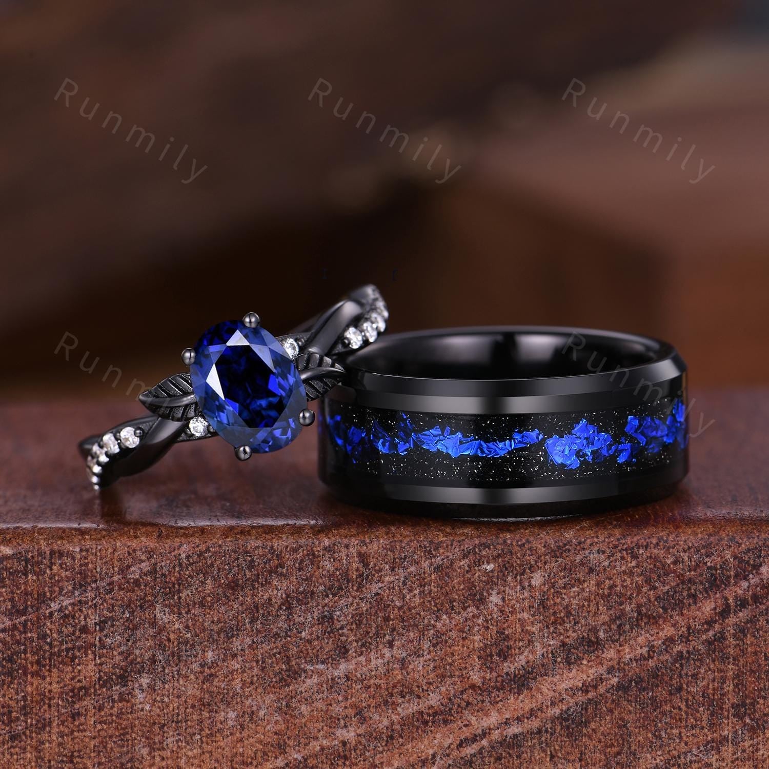 Oval Cut Blue Sapphire Couples Ring Gothic Black Gold Matching Ring Set His And Hers Wedding Band Orion Nebula Promise Ring Branch Ring