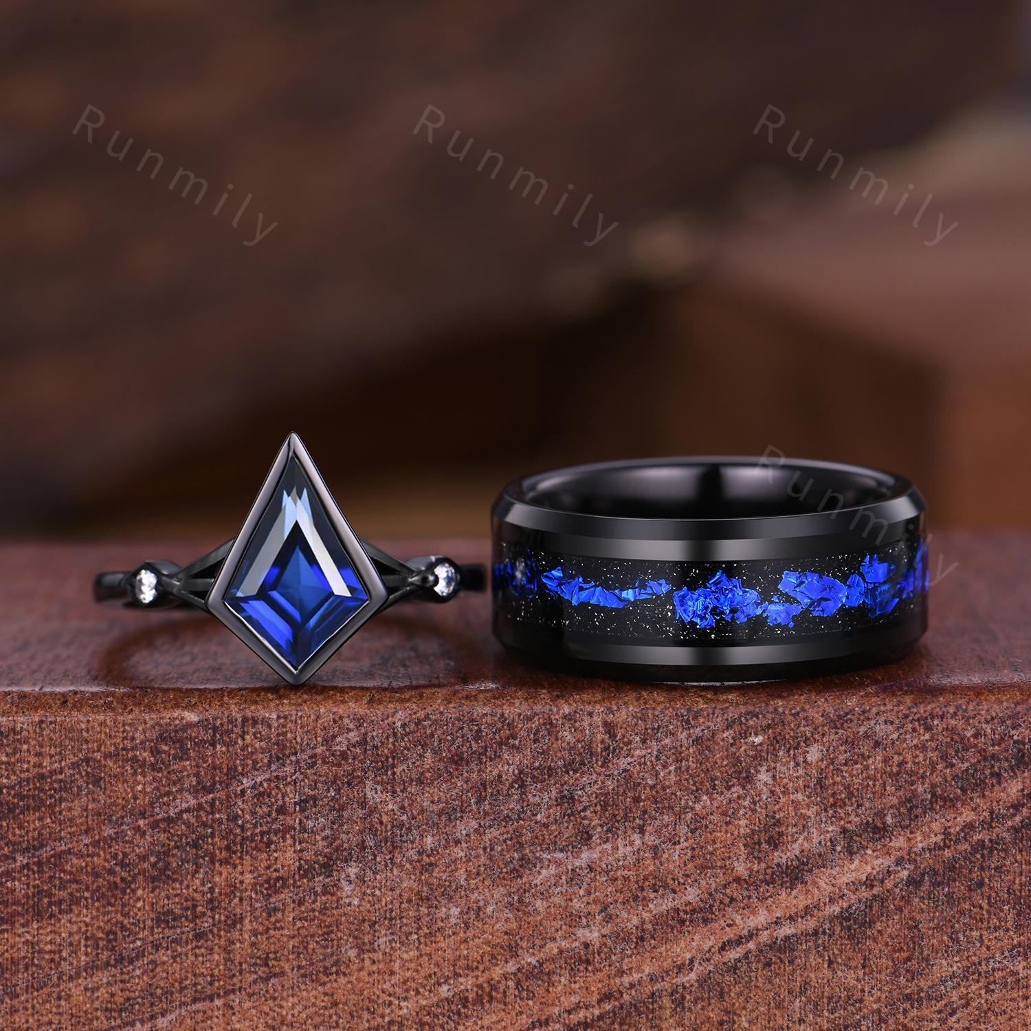 Orion Nebula Ring Set, His And Hers Wedding Band, Kite Cut Blue Sapphire Ring, Gothic Black Gold Ring, Outer Space Couples Ring