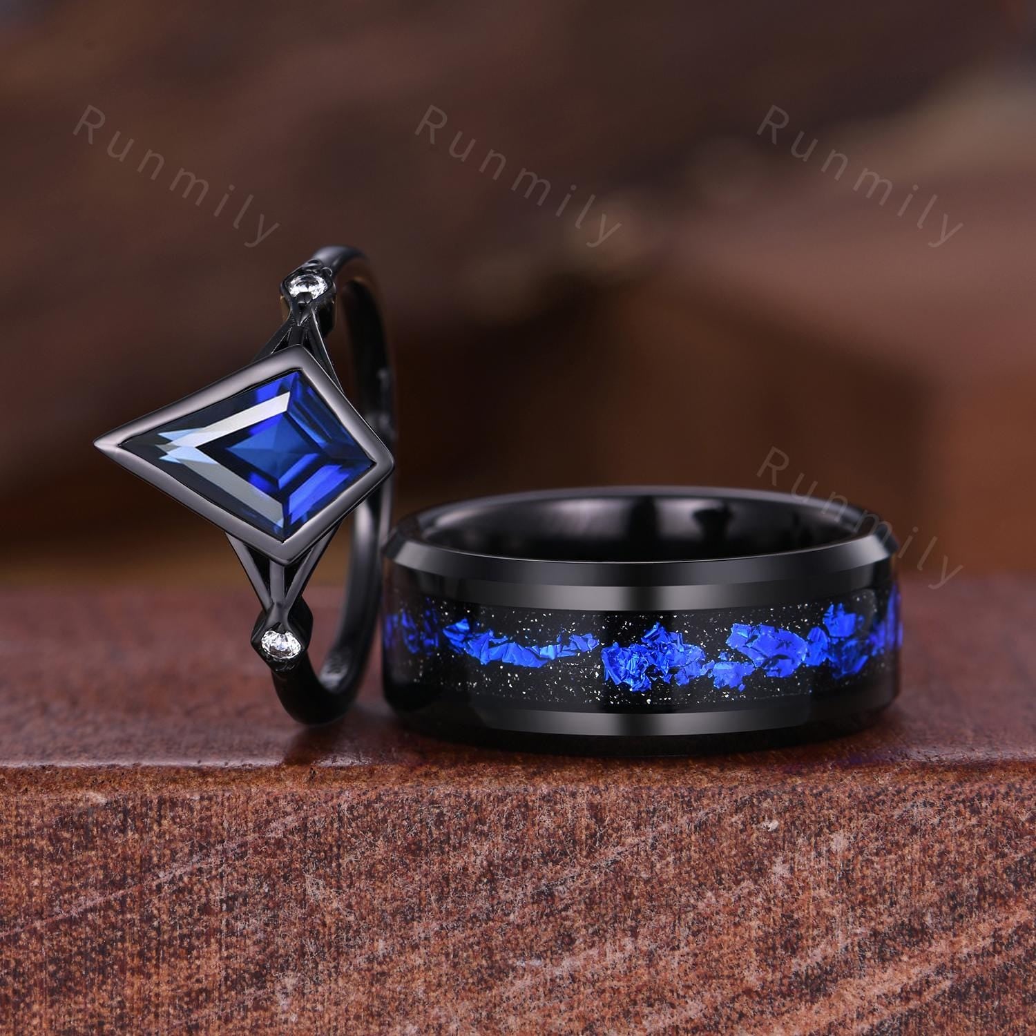 Orion Nebula Ring Set, His And Hers Wedding Band, Kite Cut Blue Sapphire Ring, Gothic Black Gold Ring, Outer Space Couples Ring