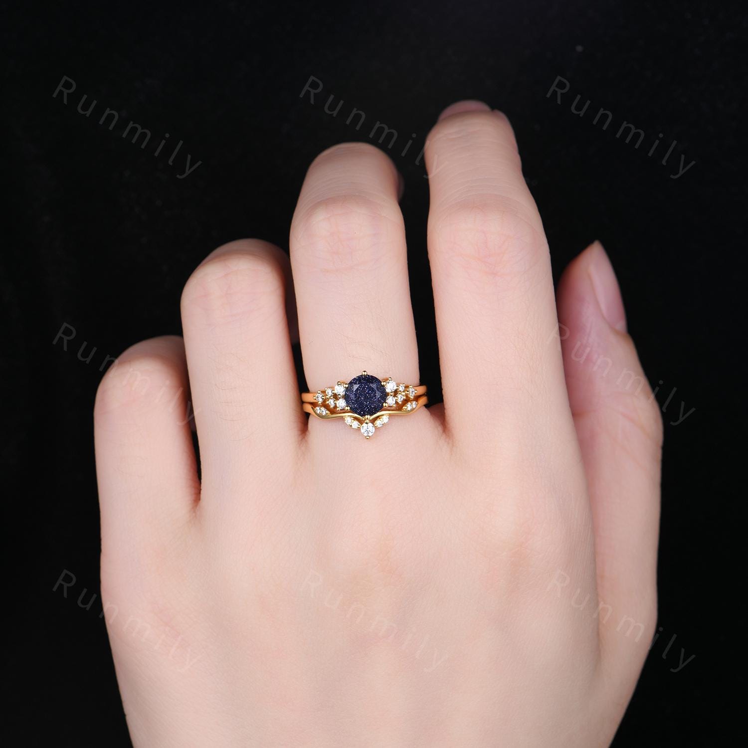 Round Blue Sandstone Engagement Ring Set For Women Cluster Moissanite Promise Ring Art Deco Yellow Gold Stacking Bridal Ring Set