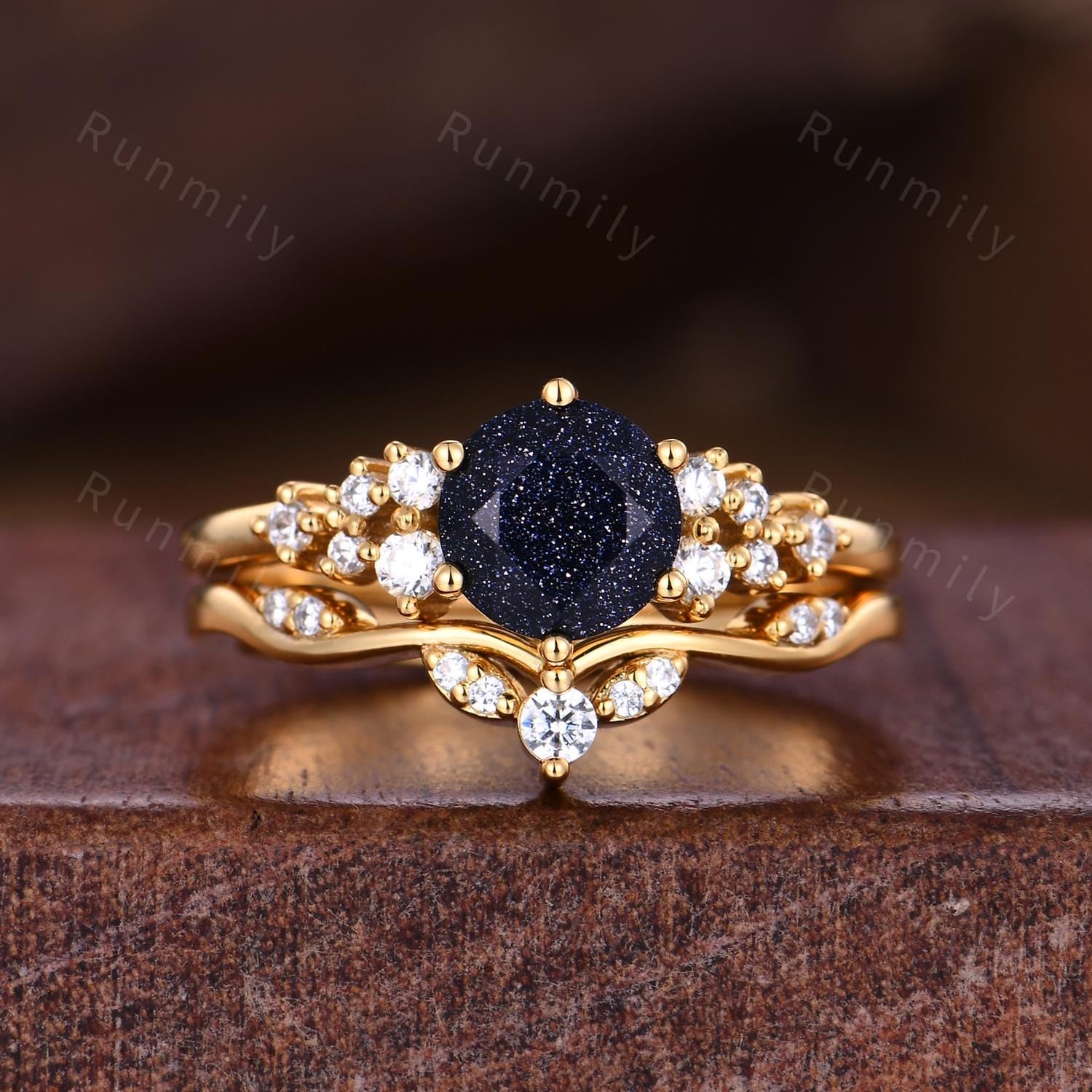 Round Blue Sandstone Engagement Ring Set For Women Cluster Moissanite Promise Ring Art Deco Yellow Gold Stacking Bridal Ring Set