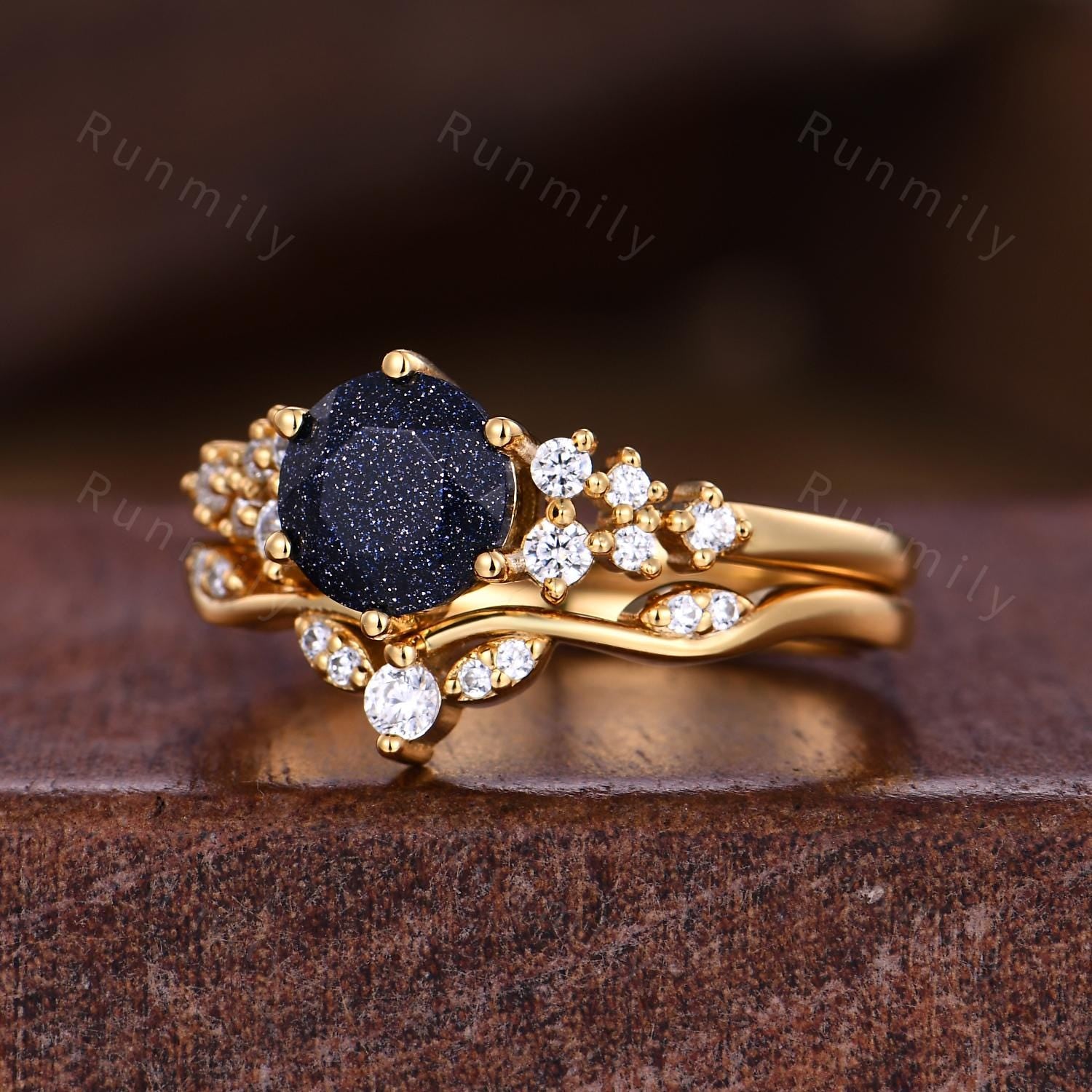 Round Blue Sandstone Engagement Ring Set For Women Cluster Moissanite Promise Ring Art Deco Yellow Gold Stacking Bridal Ring Set