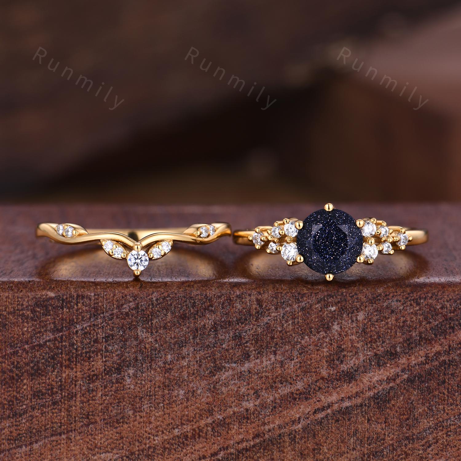 Round Blue Sandstone Engagement Ring Set For Women Cluster Moissanite Promise Ring Art Deco Yellow Gold Stacking Bridal Ring Set