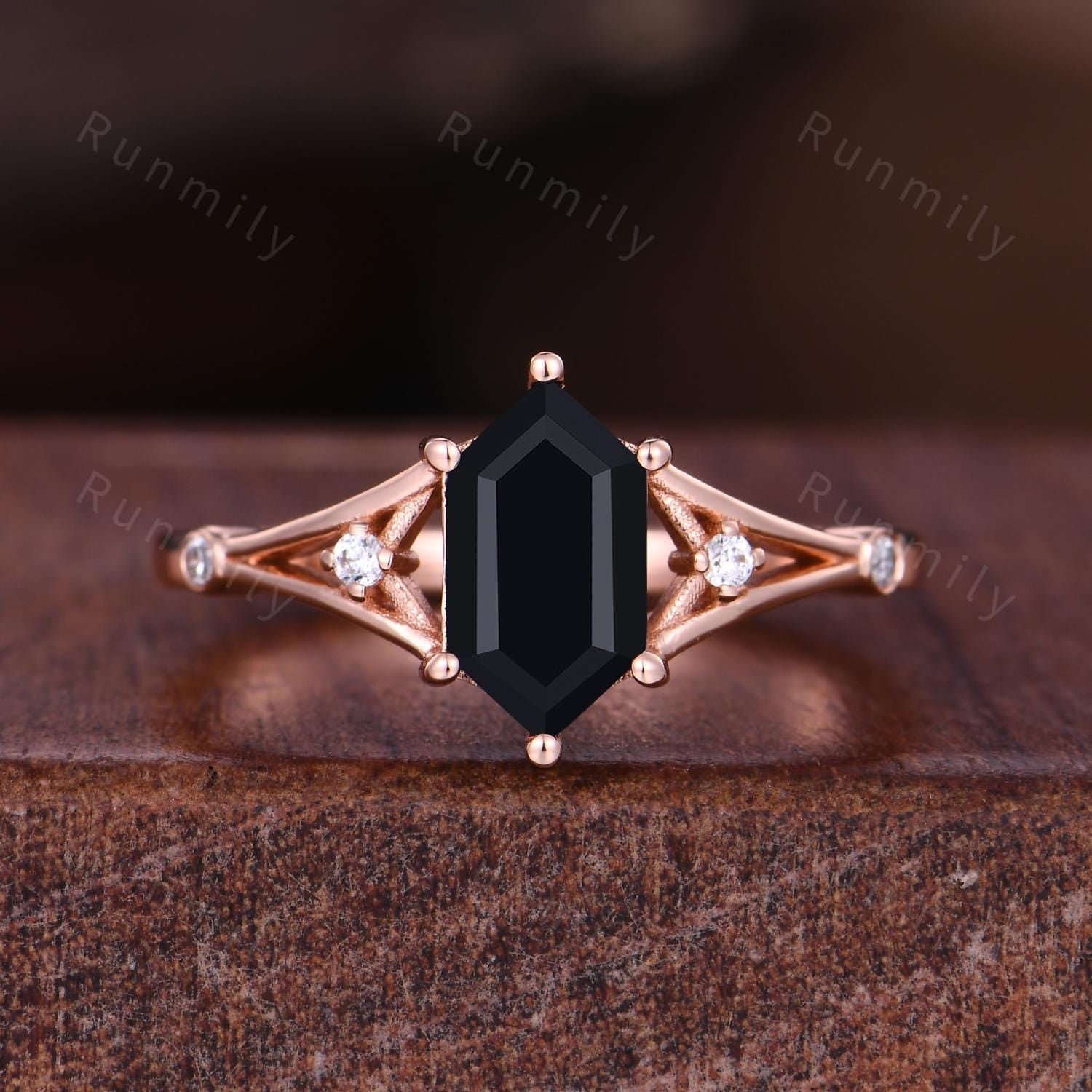 Hexagon Black Onyx Couples Ring Rose Gold Matching Ring Set His and Hers Wedding Band Promise Ring For Men For Women Unique Shank Ring