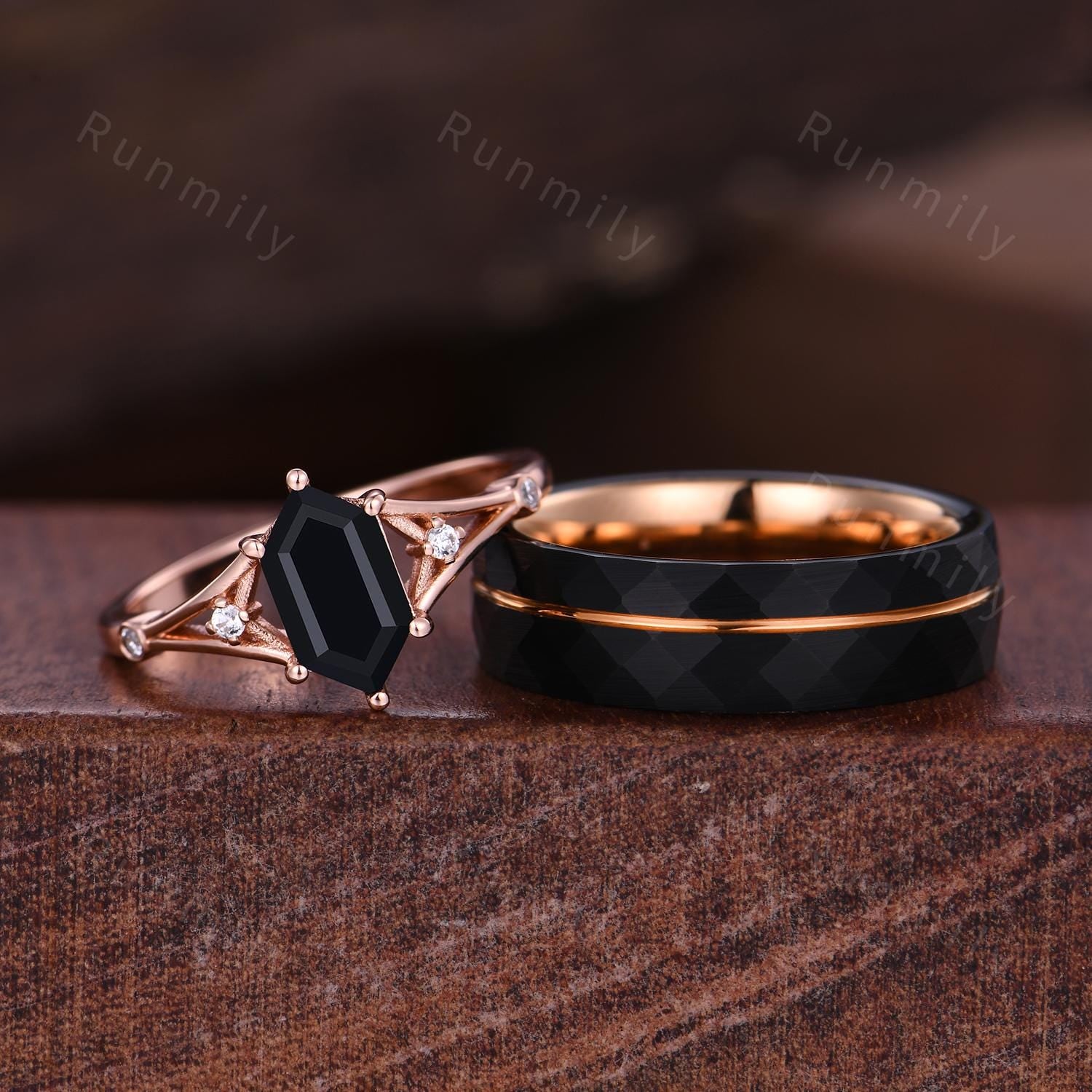 Hexagon Black Onyx Couples Ring Rose Gold Matching Ring Set His and Hers Wedding Band Promise Ring For Men For Women Unique Shank Ring