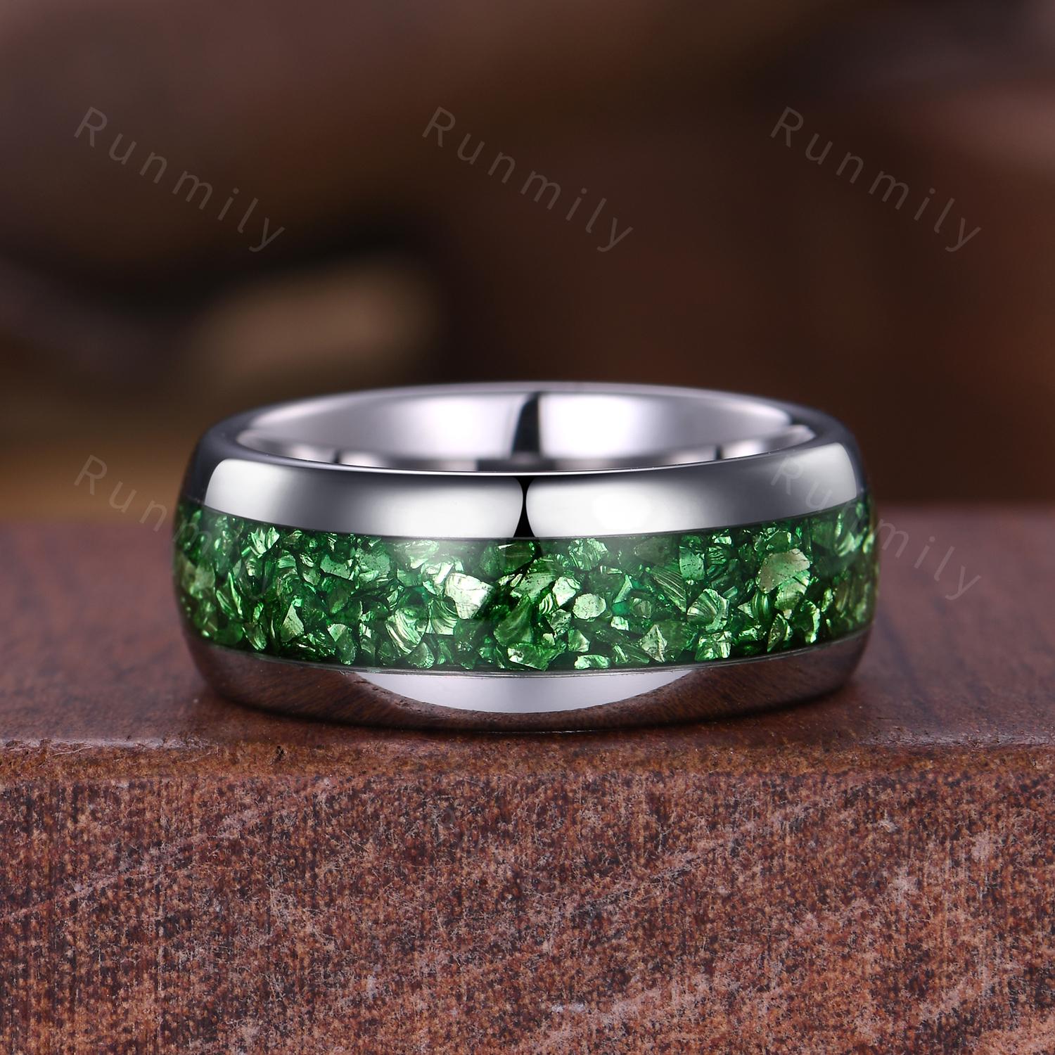 Emerald Tungsten Ring, Green Gemstone Wedding Band, Crushed Emerald Inlay Ring, 8MM Comfort Fit Band, Rose Gold Tungsten Ring, Gift For Him