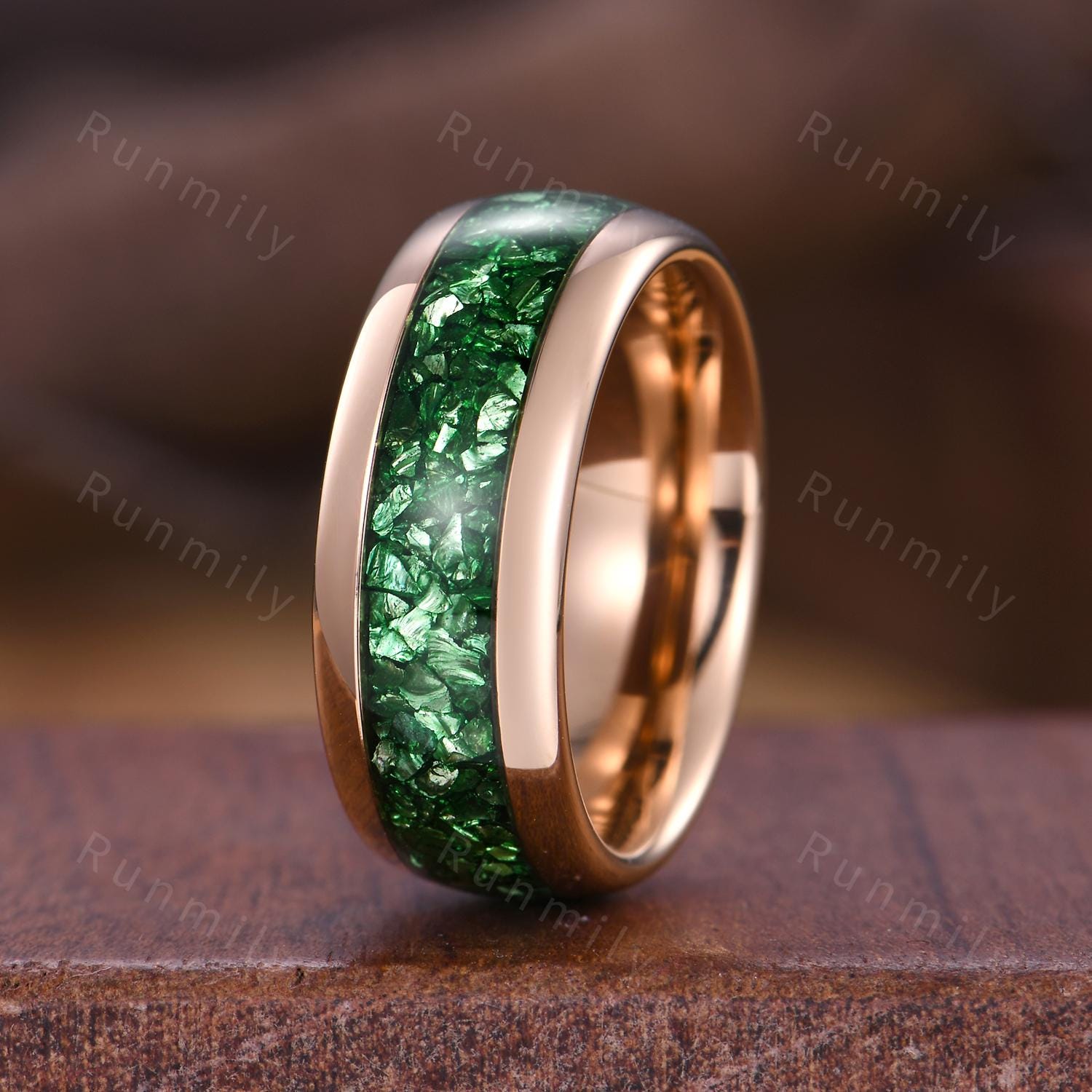 Emerald Tungsten Ring, Green Gemstone Wedding Band, Crushed Emerald Inlay Ring, 8MM Comfort Fit Band, Rose Gold Tungsten Ring, Gift For Him
