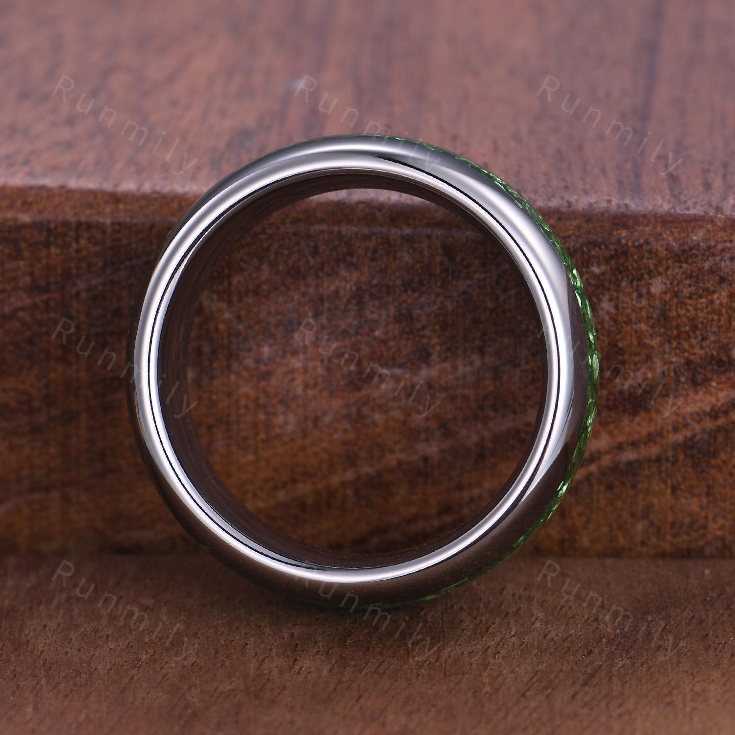 Emerald Tungsten Ring, Green Gemstone Wedding Band, Crushed Emerald Inlay Ring, 8MM Comfort Fit Band, Rose Gold Tungsten Ring, Gift For Him
