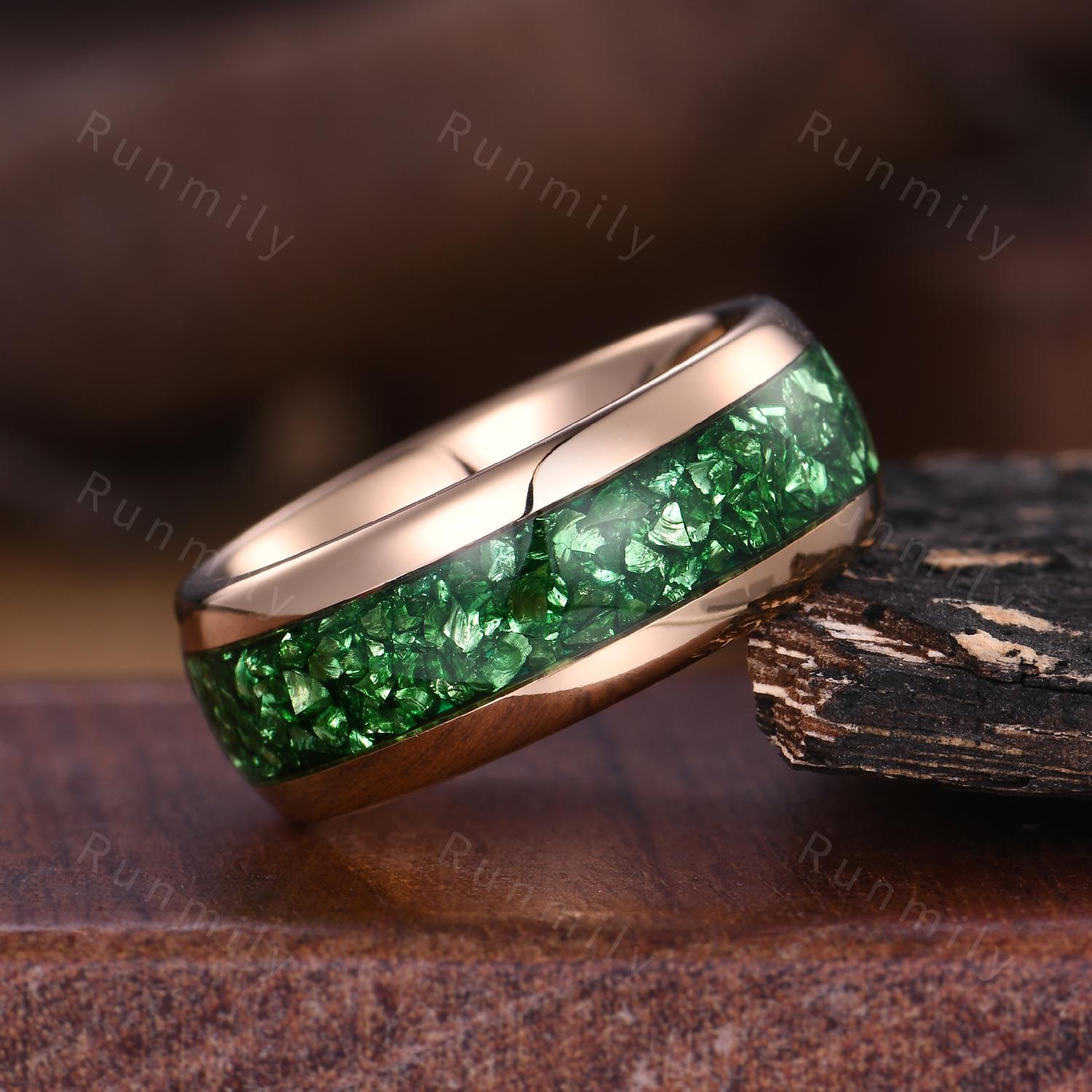 Crushed Emerald Men's Wedding Band, Silver Tungsten Ring, 8mm Men's Wedding Ring, Polished Dome Comfort Fit, Anniversary Gift for Him