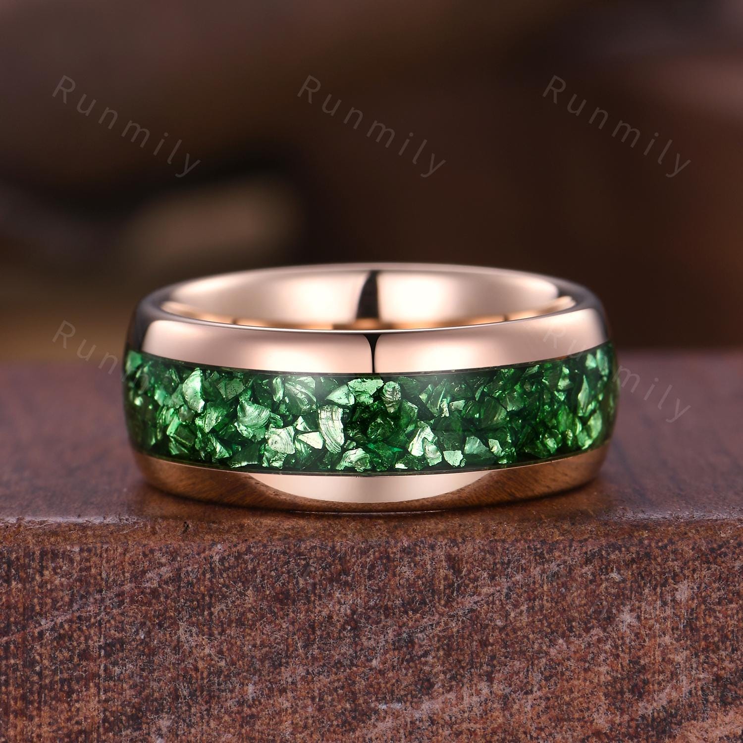 Crushed Emerald Men's Wedding Band, Silver Tungsten Ring, 8mm Men's Wedding Ring, Polished Dome Comfort Fit, Anniversary Gift for Him