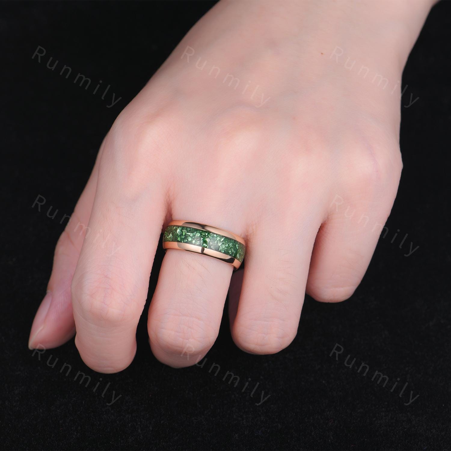 Crushed Emerald Men's Wedding Band, Silver Tungsten Ring, 8mm Men's Wedding Ring, Polished Dome Comfort Fit, Anniversary Gift for Him