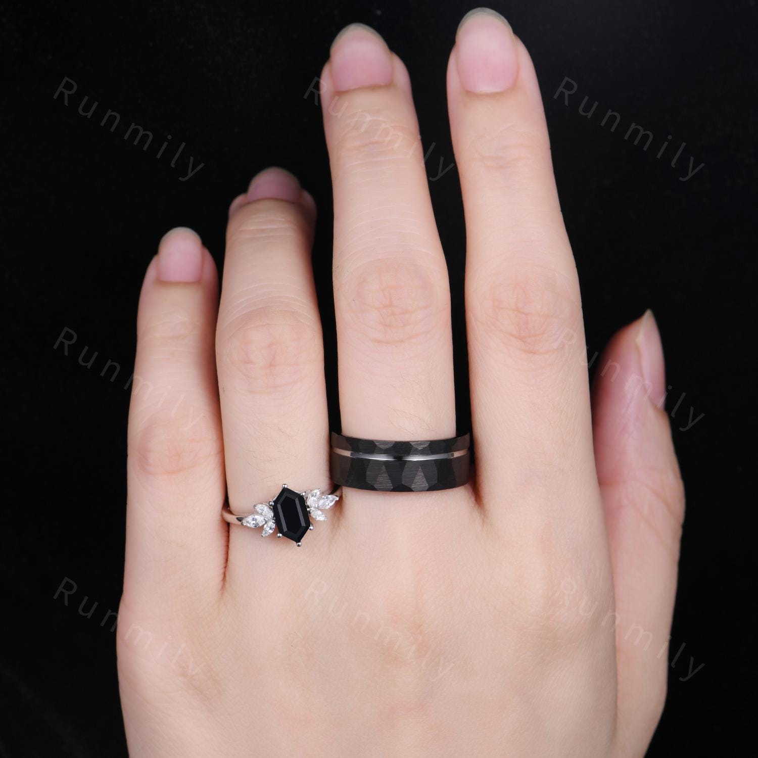 Hexagon black onyx couple ring vintage Unique Marquise cut Diamond Cluster ring White gold His and Hers wedding band Mens hammered band