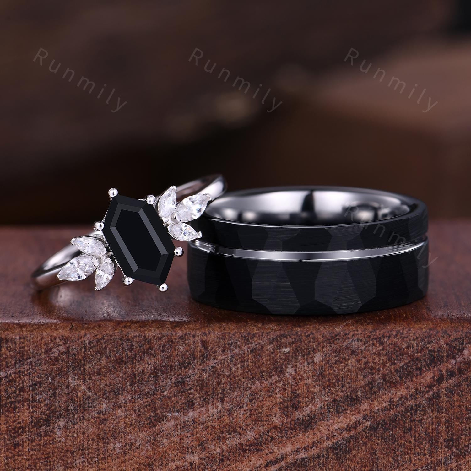 Hexagon black onyx couple ring vintage Unique Marquise cut Diamond Cluster ring White gold His and Hers wedding band Mens hammered band