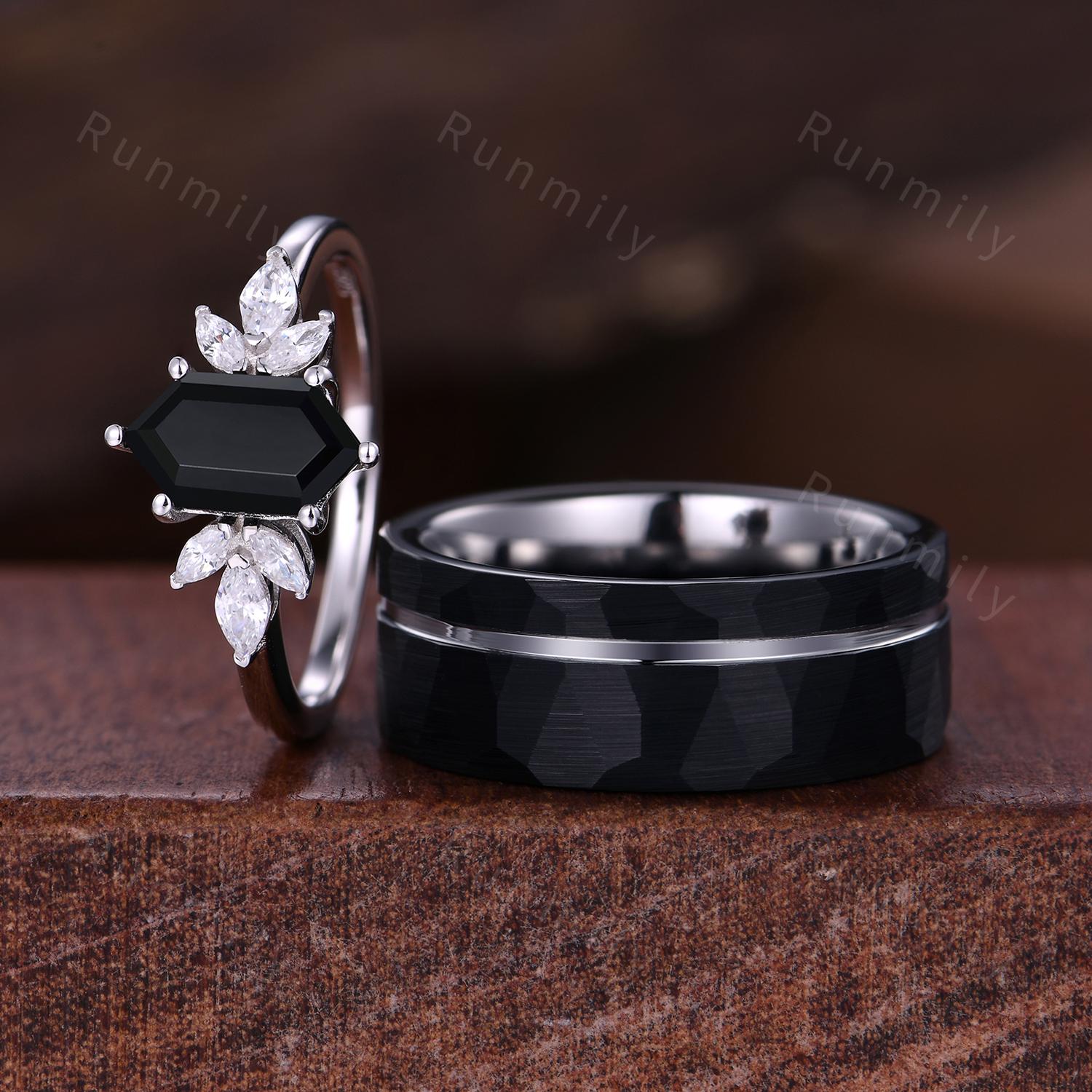 Hexagon black onyx couple ring vintage Unique Marquise cut Diamond Cluster ring White gold His and Hers wedding band Mens hammered band
