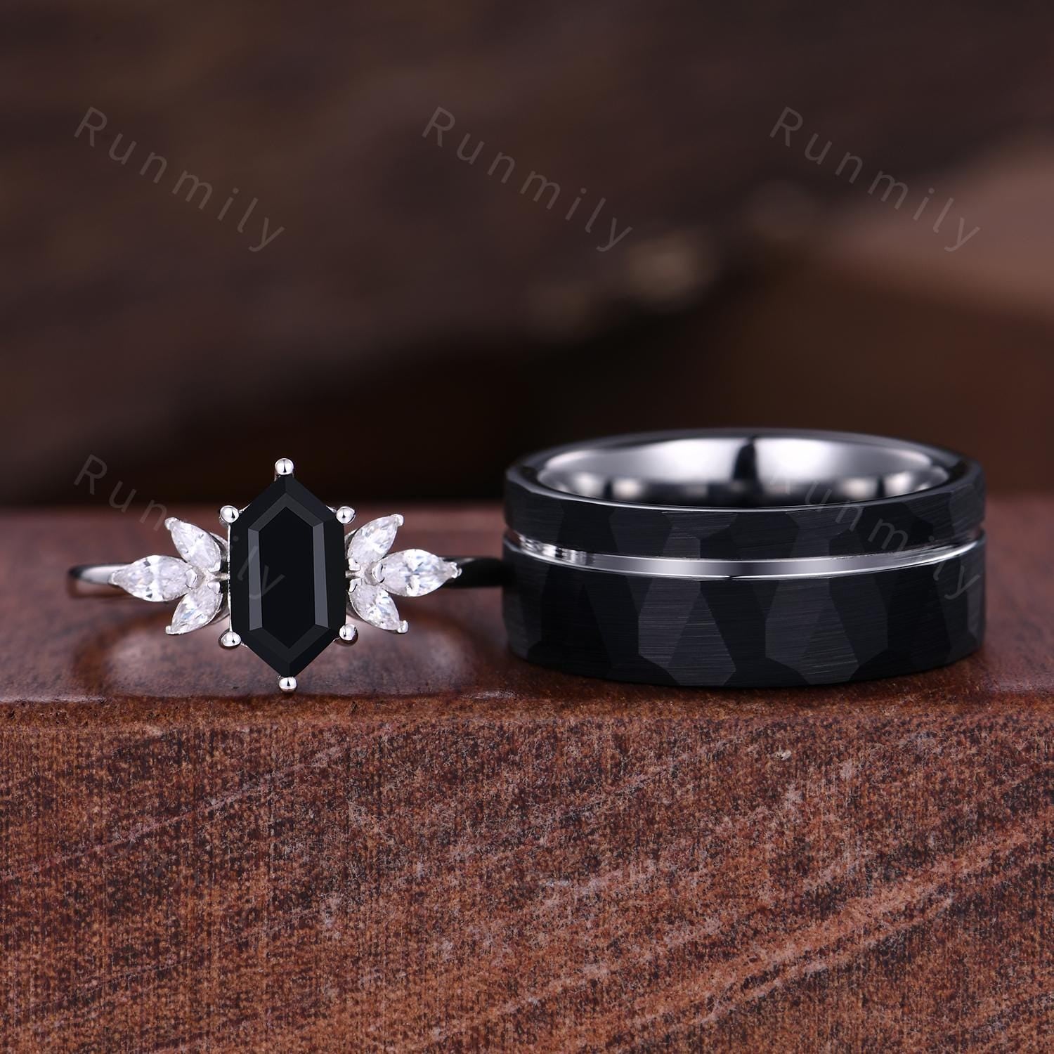 Hexagon black onyx couple ring vintage Unique Marquise cut Diamond Cluster ring White gold His and Hers wedding band Mens hammered band