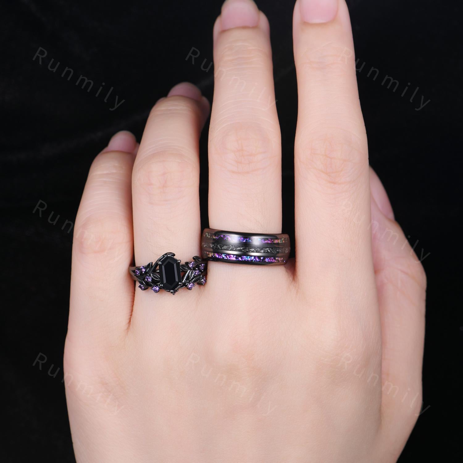 Purple Nebula Ring, Black Onyx Amethyst Engagement Ring Set, Black Gold His And Hers Wedding Band, Gothic Couples Ring, Nature Inspired Ring
