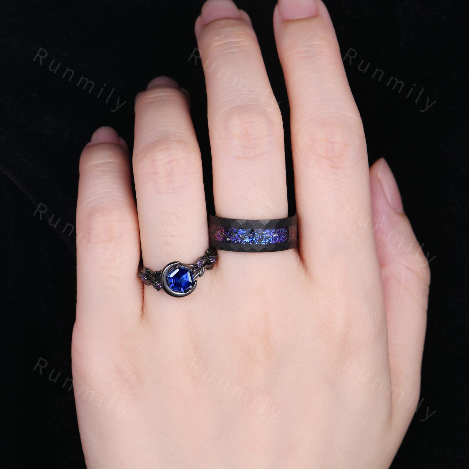 Starry Night Couples Ring Set, Orion Nebula Ring, Crescent Moon Blue Sapphire Ring, Gothic Black Gold Matching Ring His and Her Wedding Band