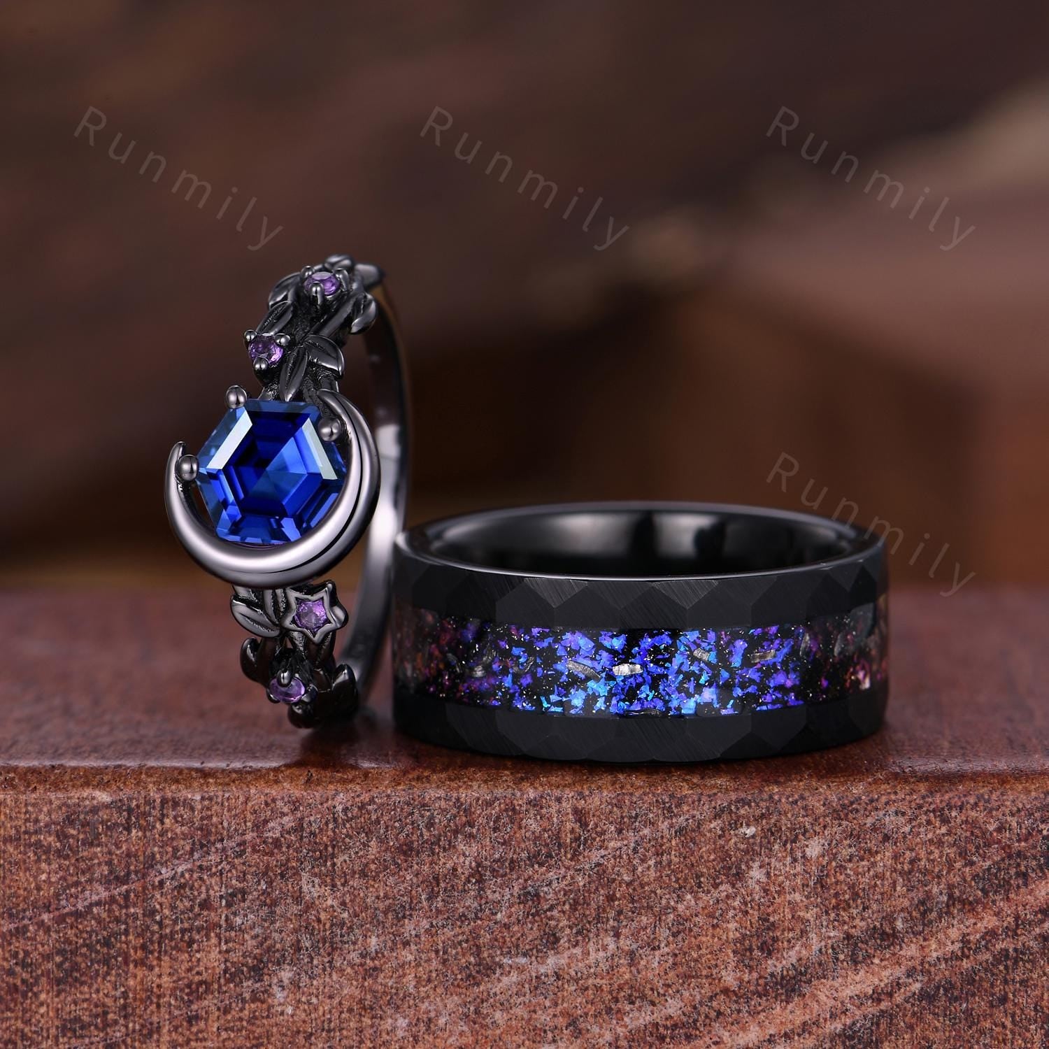 Starry Night Couples Ring Set, Orion Nebula Ring, Crescent Moon Blue Sapphire Ring, Gothic Black Gold Matching Ring His and Her Wedding Band