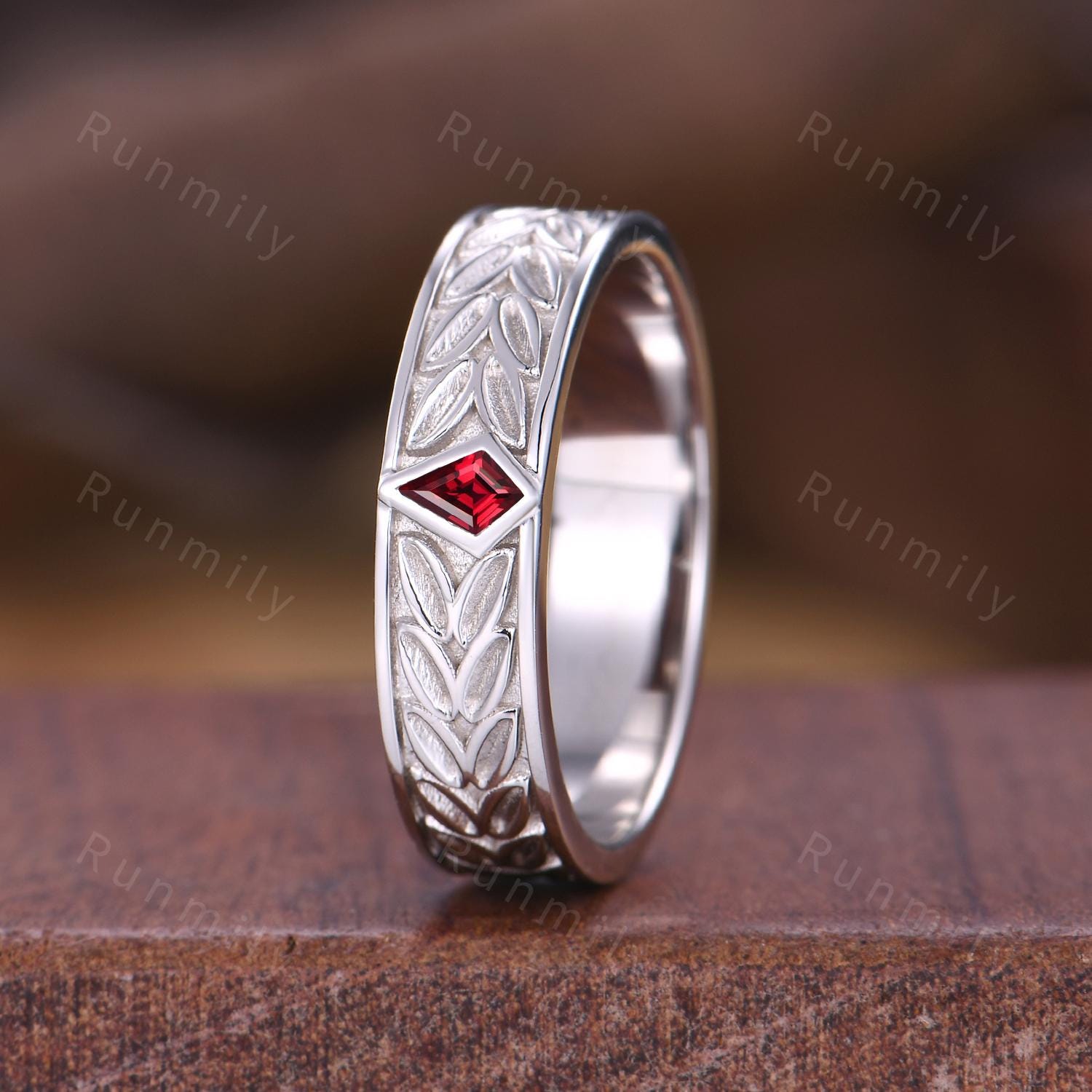 Mens Garnet Wedding Band Unique Kite cut Wedding Band For Mens Red Garnet Ring His Engagement Ring Band Leaf-Inspired Ring