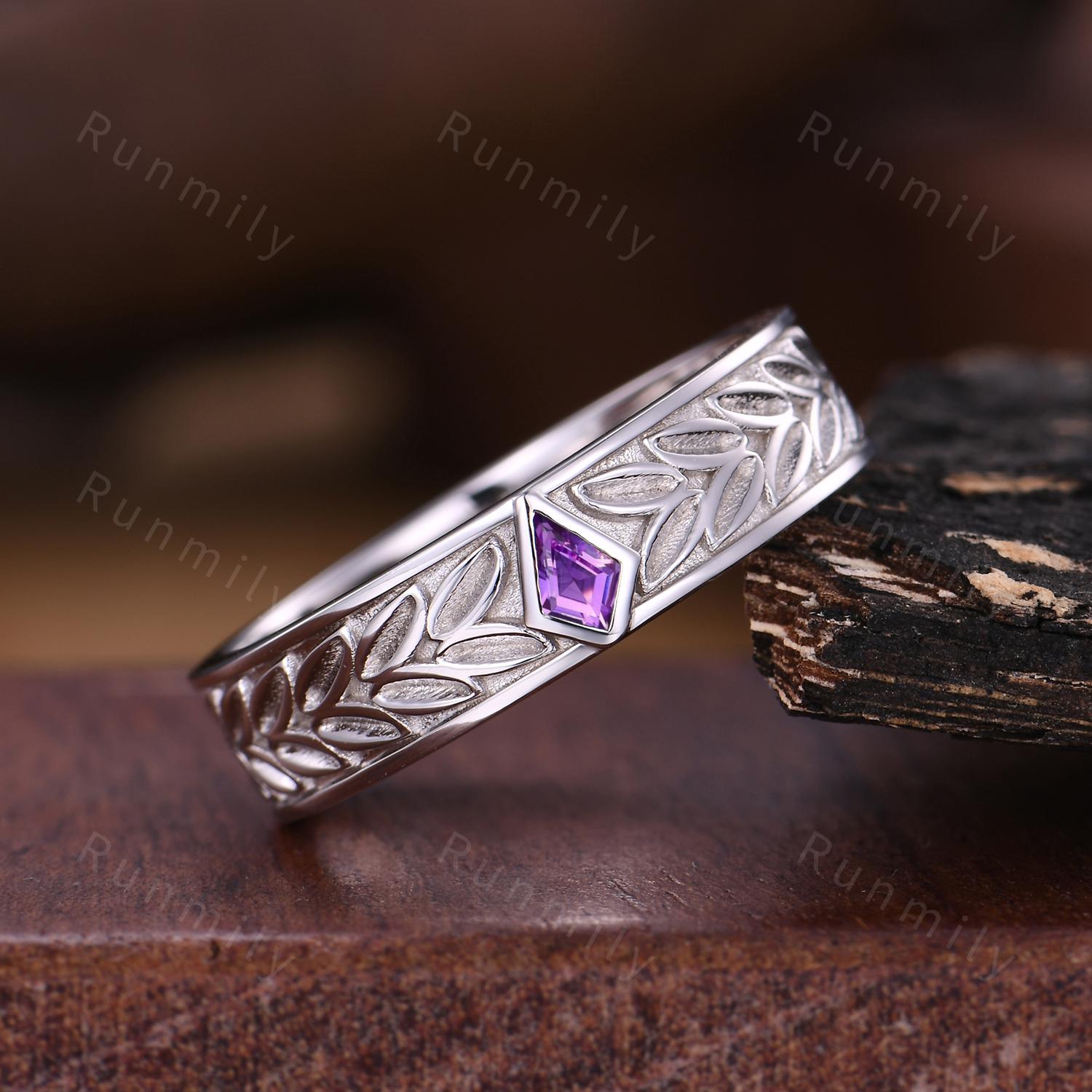 Mens Amethyst Wedding Band Leaf-Inspired Ring Unique 5MM Wedding Band For Mens Kite cut Amethyst Band His Engagement Ring Band