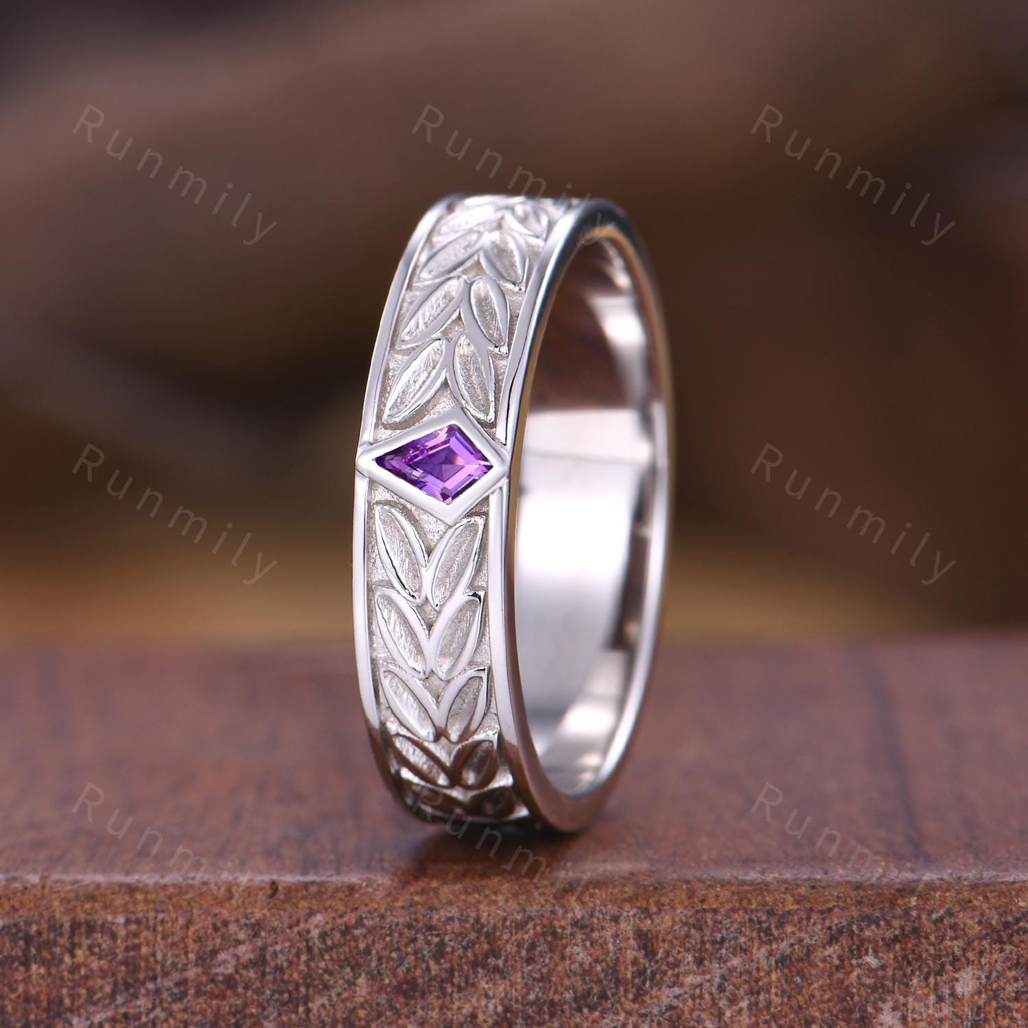 Mens Amethyst Wedding Band Leaf-Inspired Ring Unique 5MM Wedding Band For Mens Kite cut Amethyst Band His Engagement Ring Band