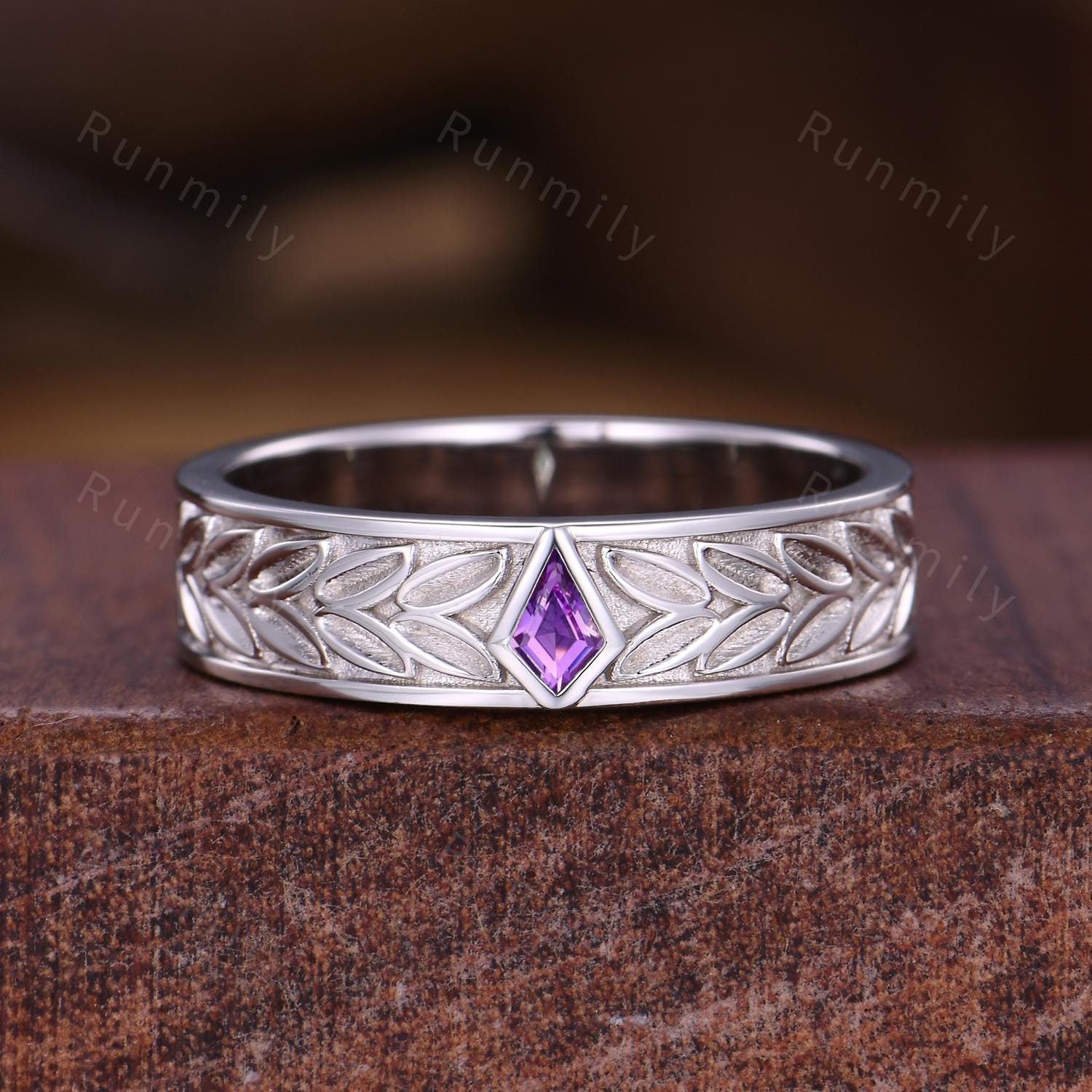 Mens Amethyst Wedding Band Leaf-Inspired Ring Unique 5MM Wedding Band For Mens Kite cut Amethyst Band His Engagement Ring Band