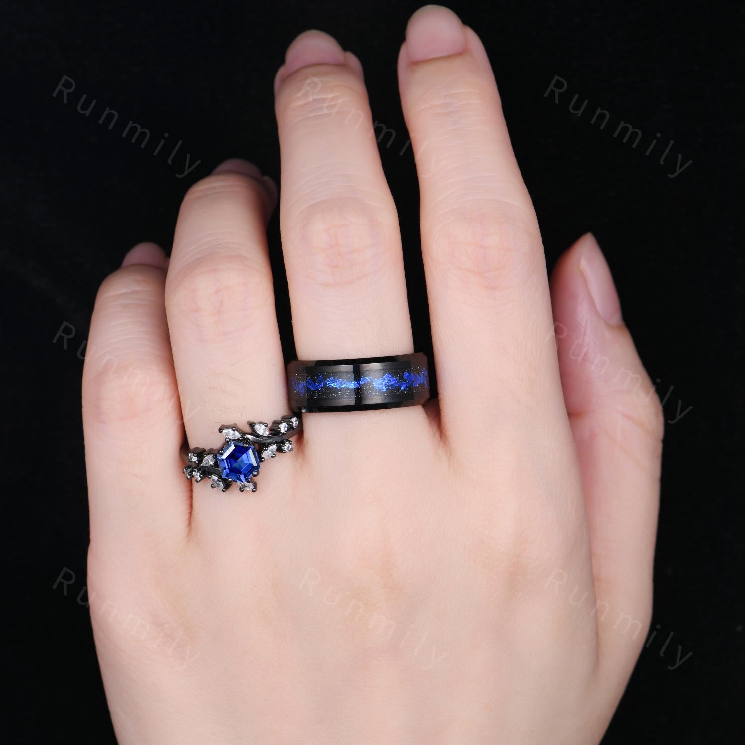 Twig Blue Sapphire Couples Ring Gothic Black Gold Matching Ring Set His and Hers Wedding Band Orion Nebula Promise Rings Diamond Branch Ring