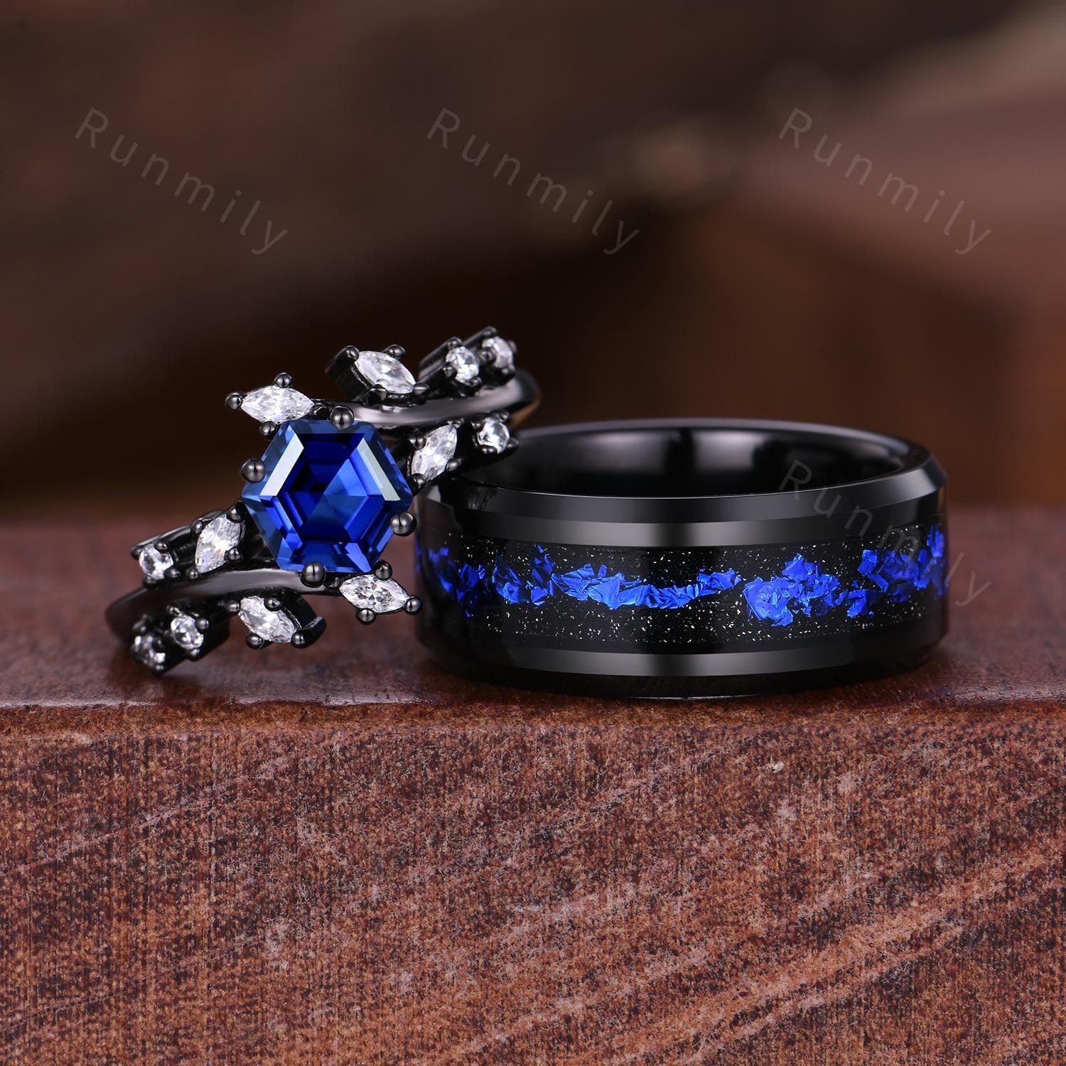 Twig Blue Sapphire Couples Ring Gothic Black Gold Matching Ring Set His and Hers Wedding Band Orion Nebula Promise Rings Diamond Branch Ring