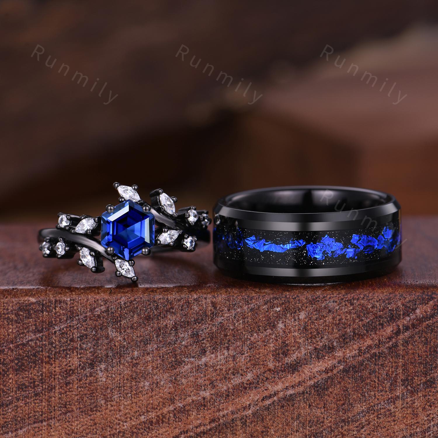 Twig Blue Sapphire Couples Ring Gothic Black Gold Matching Ring Set His and Hers Wedding Band Orion Nebula Promise Rings Diamond Branch Ring