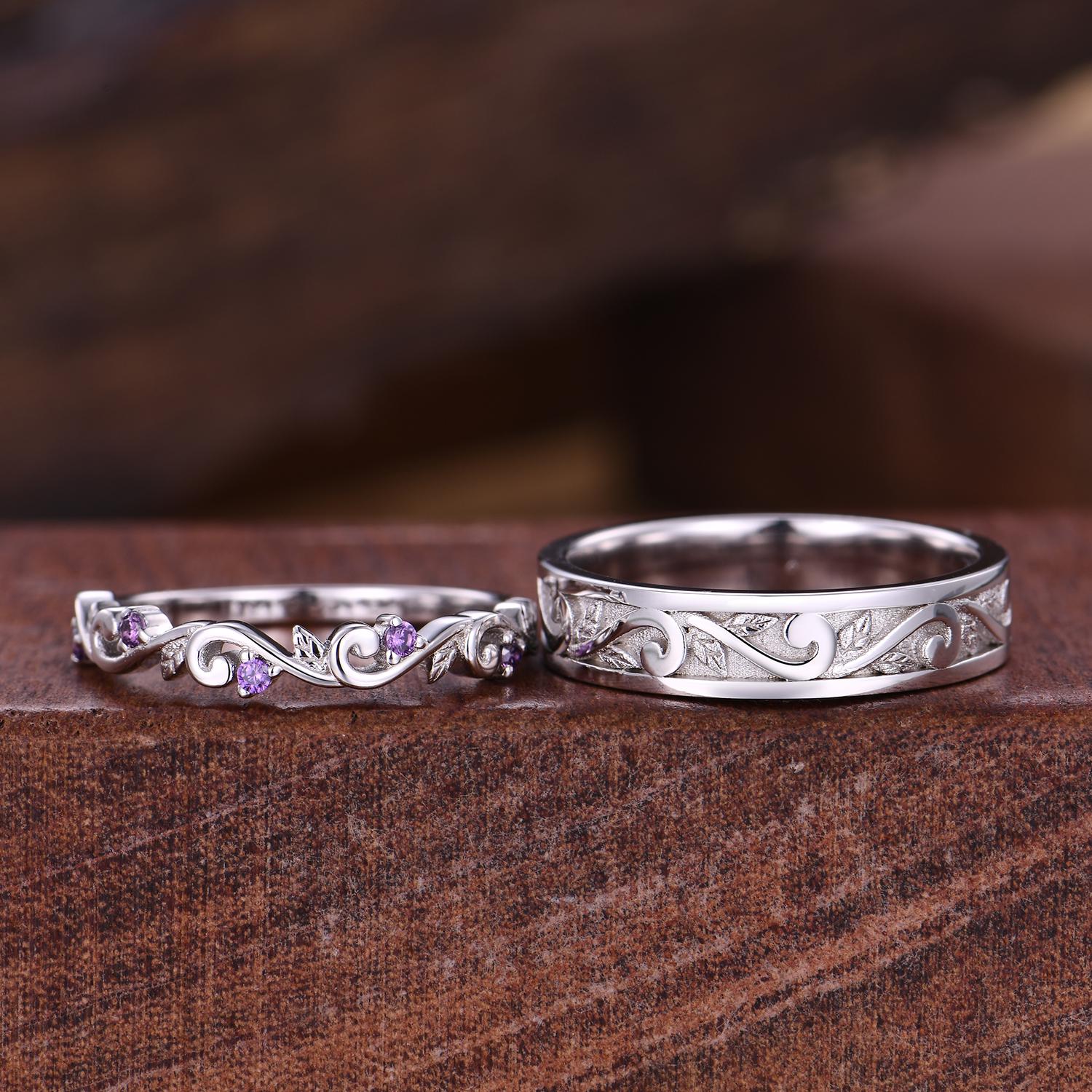 2pcs Couple Rings Set Inspired Leaf Amethyst Engagement Ring For Women Vintage Leaf Wedding Band For Men Unique Wedding Anniversary Ring Set