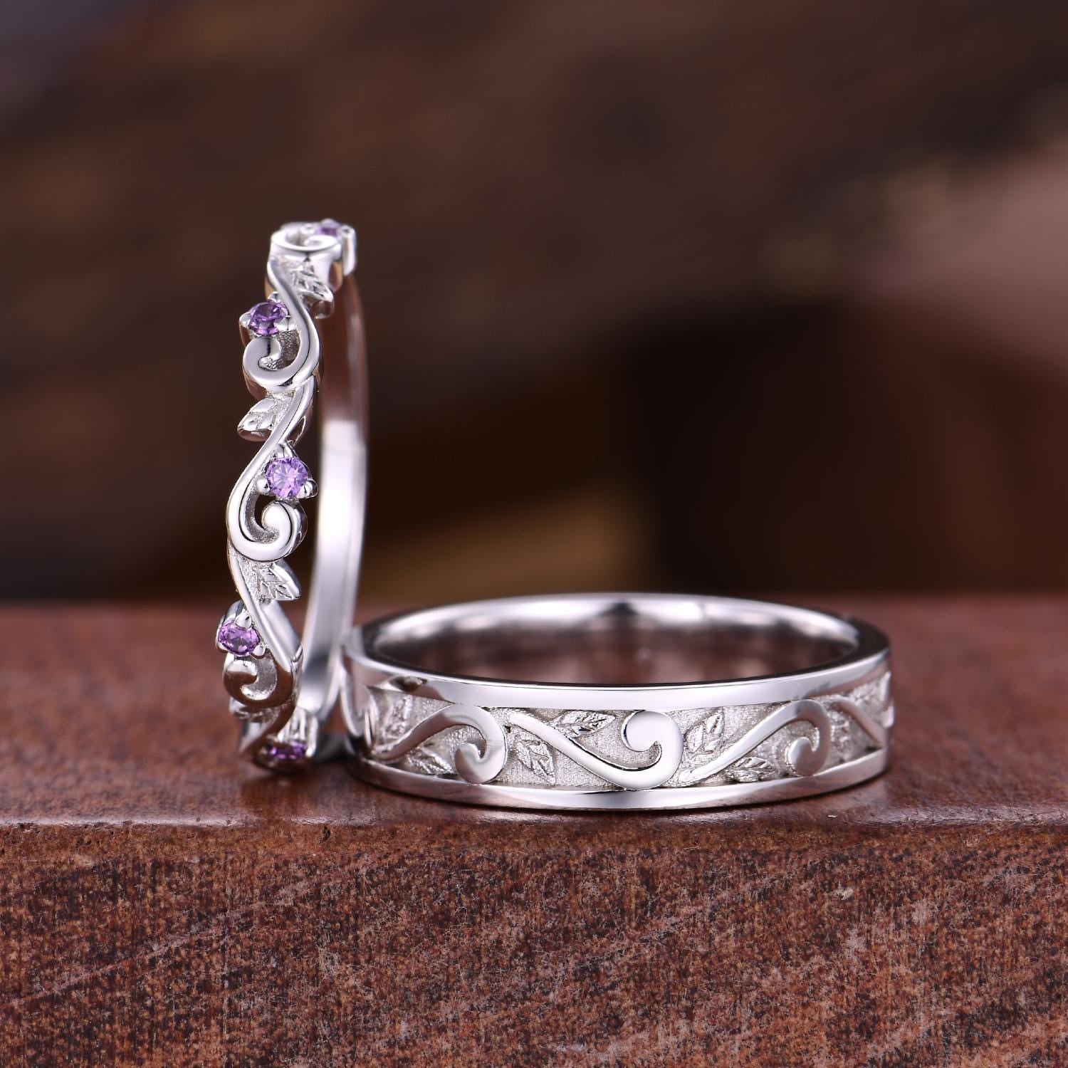 2pcs Couple Rings Set Inspired Leaf Amethyst Engagement Ring For Women Vintage Leaf Wedding Band For Men Unique Wedding Anniversary Ring Set