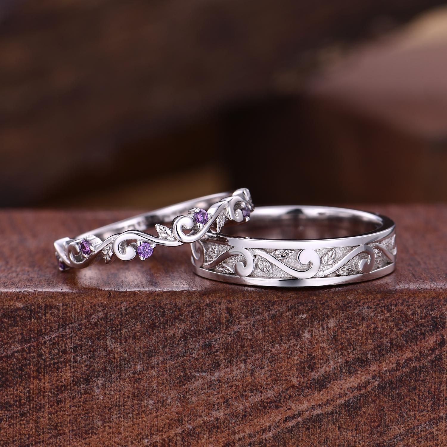 2pcs Couple Rings Set Inspired Leaf Amethyst Engagement Ring For Women Vintage Leaf Wedding Band For Men Unique Wedding Anniversary Ring Set
