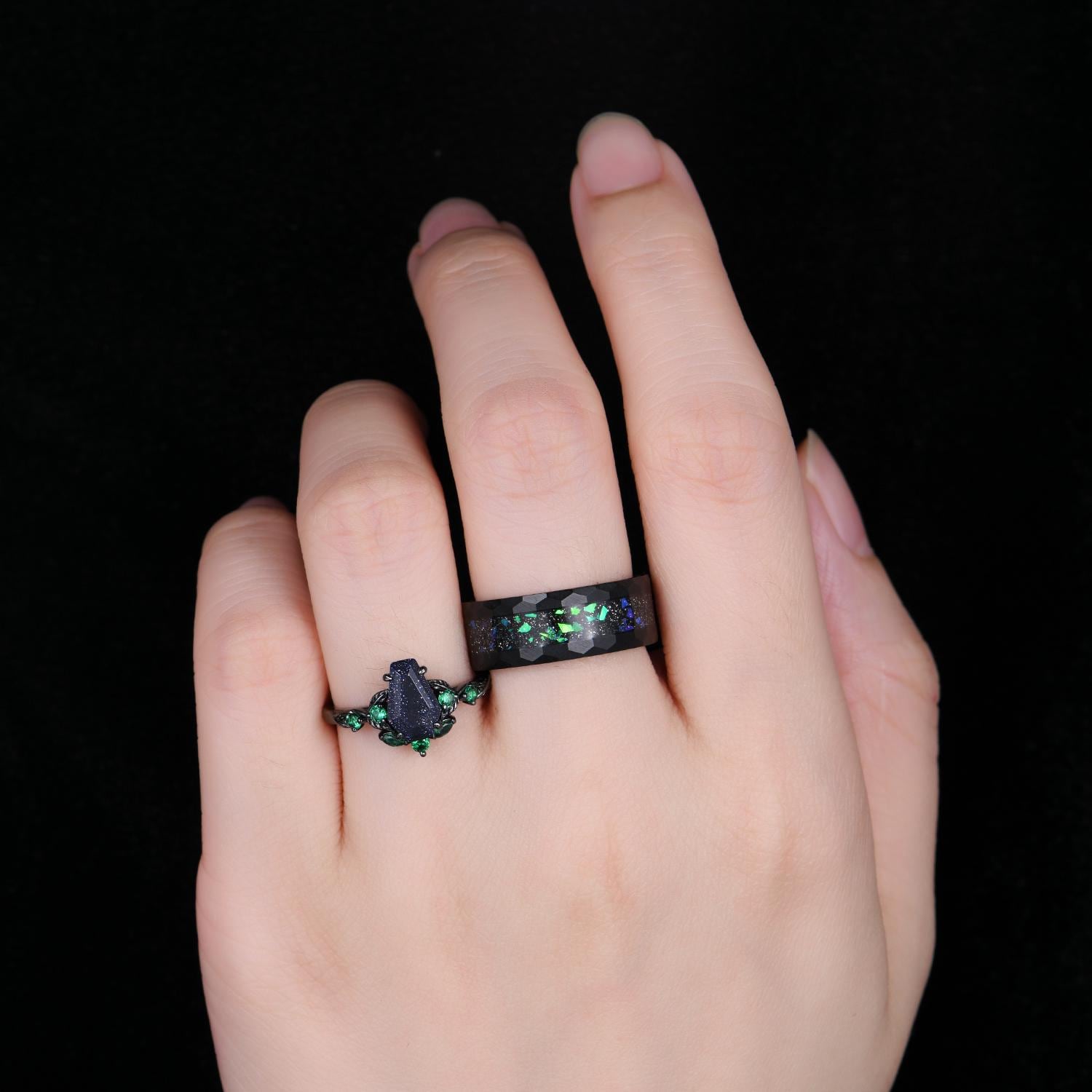 Coffin cut galaxy sandstone couples ring set starry sky matching promise rings His and Her wedding band Mens hammered ring anniversary gifts